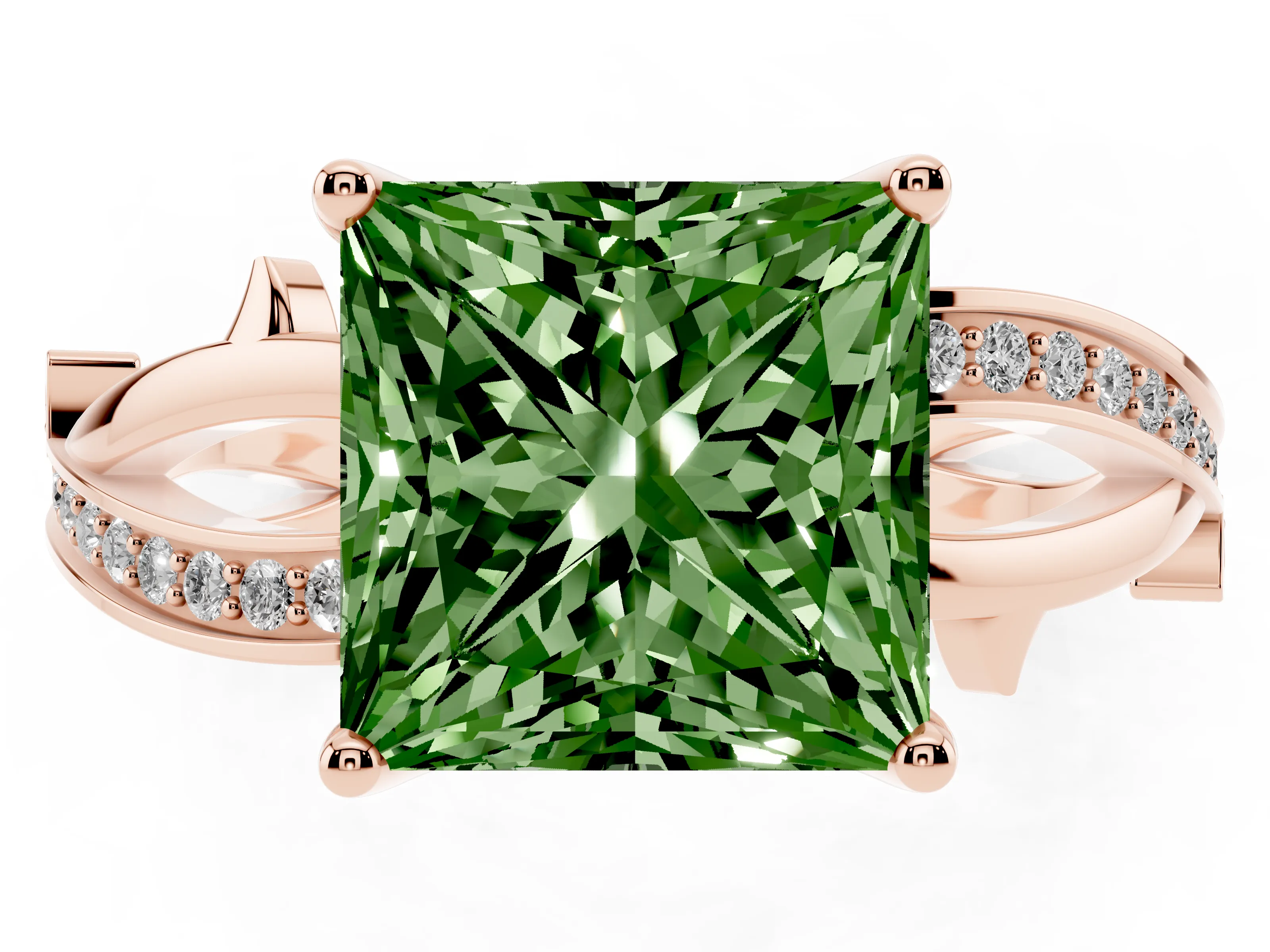 Fancy Green Princess Cut Diamond Pavé Twist Band Solitaire Ring Set in Rose gold with Prong Setting