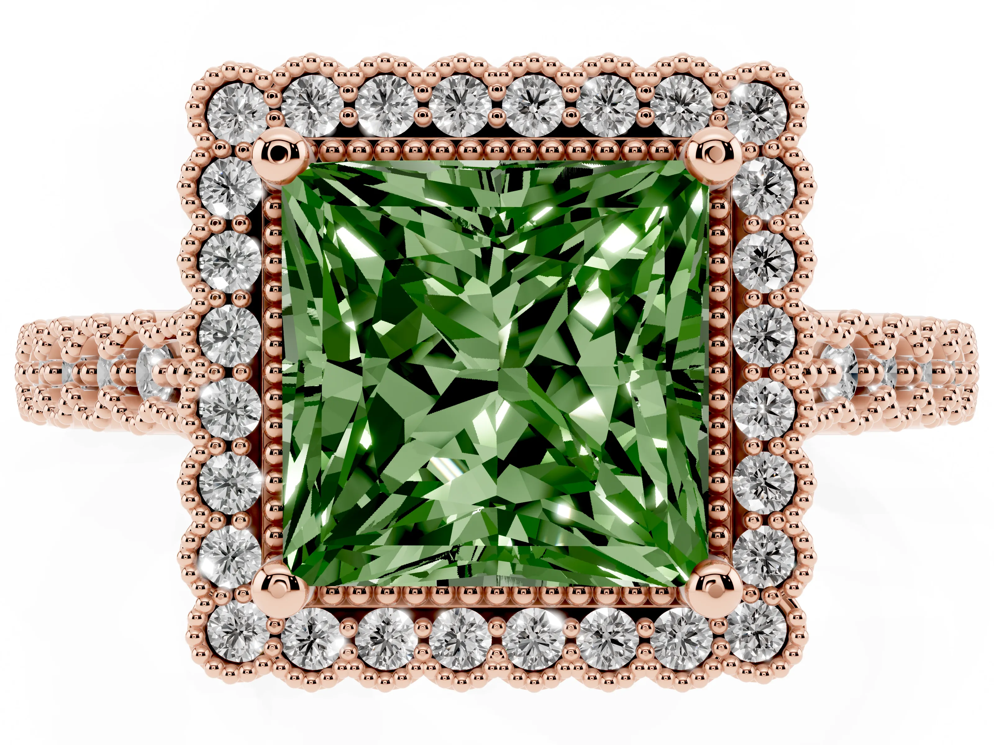 Fancy Green Princess Cut Diamond Halo Ring Set in Rose gold with Pavé Milgrain Band