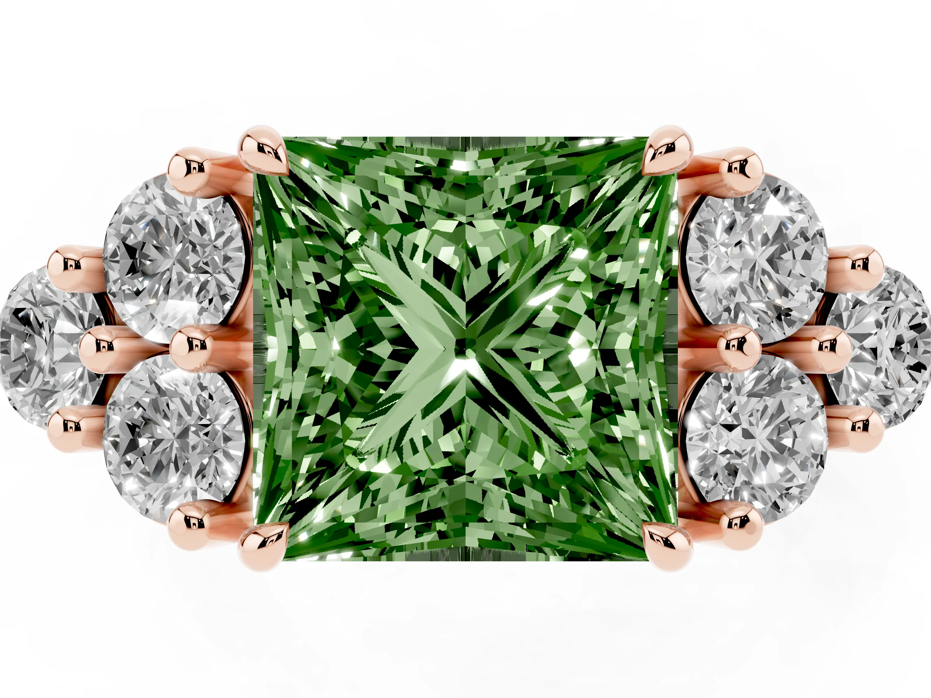 Fancy Green Princess Cut Diamond Solitaire Ring Set in Rose gold with Cluster Accents on Each Side