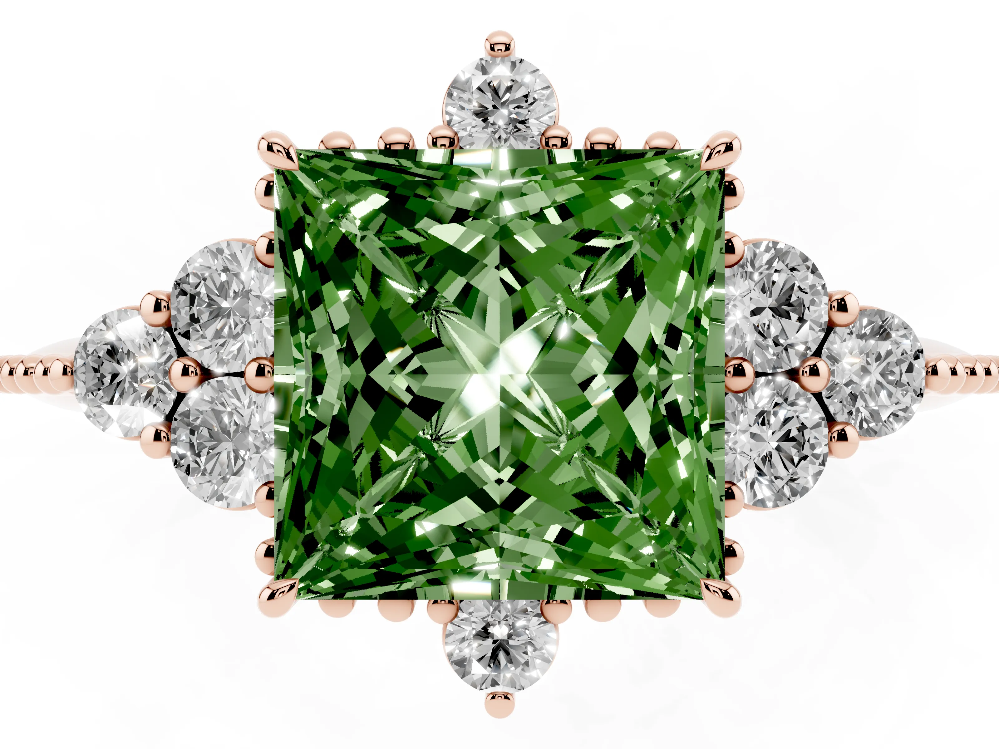 Fancy Green Princess Cut Diamond Cluster Ring Set in Rose gold with Beaded Band