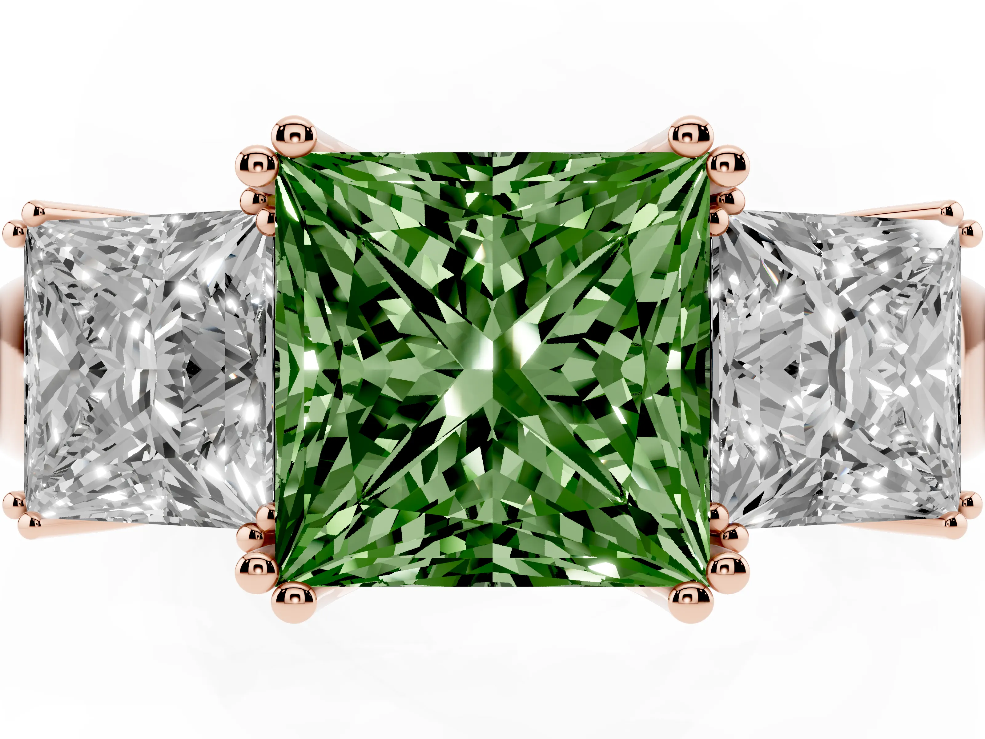 Fancy Green Princess Cut Diamond Three-Stone Ring Set in Rose gold with Polished Channel-Set Band