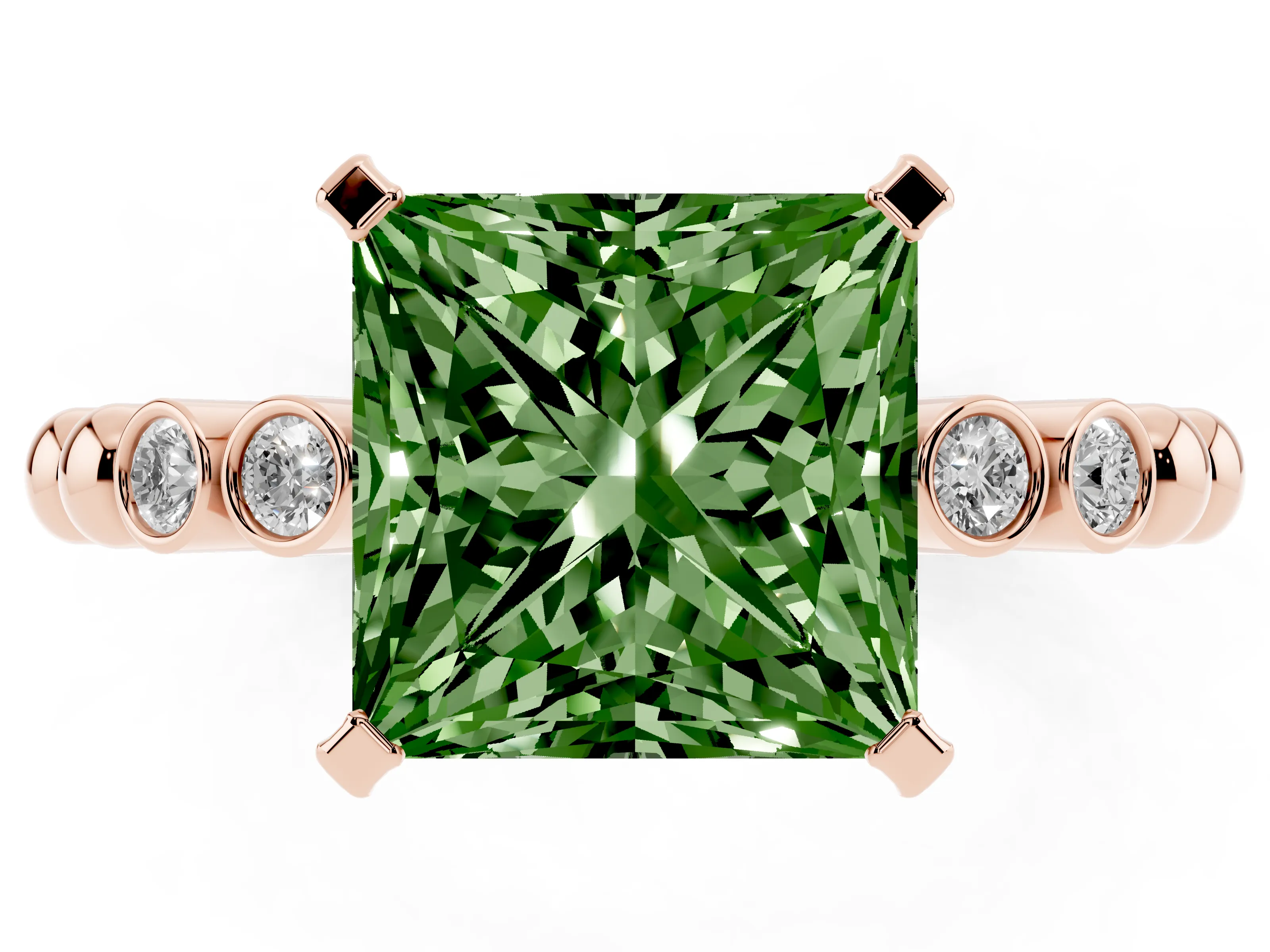 Fancy Green Princess Cut Diamond Solitaire Engagement Ring Set in Rose gold with Bezel Accents on Beaded Band