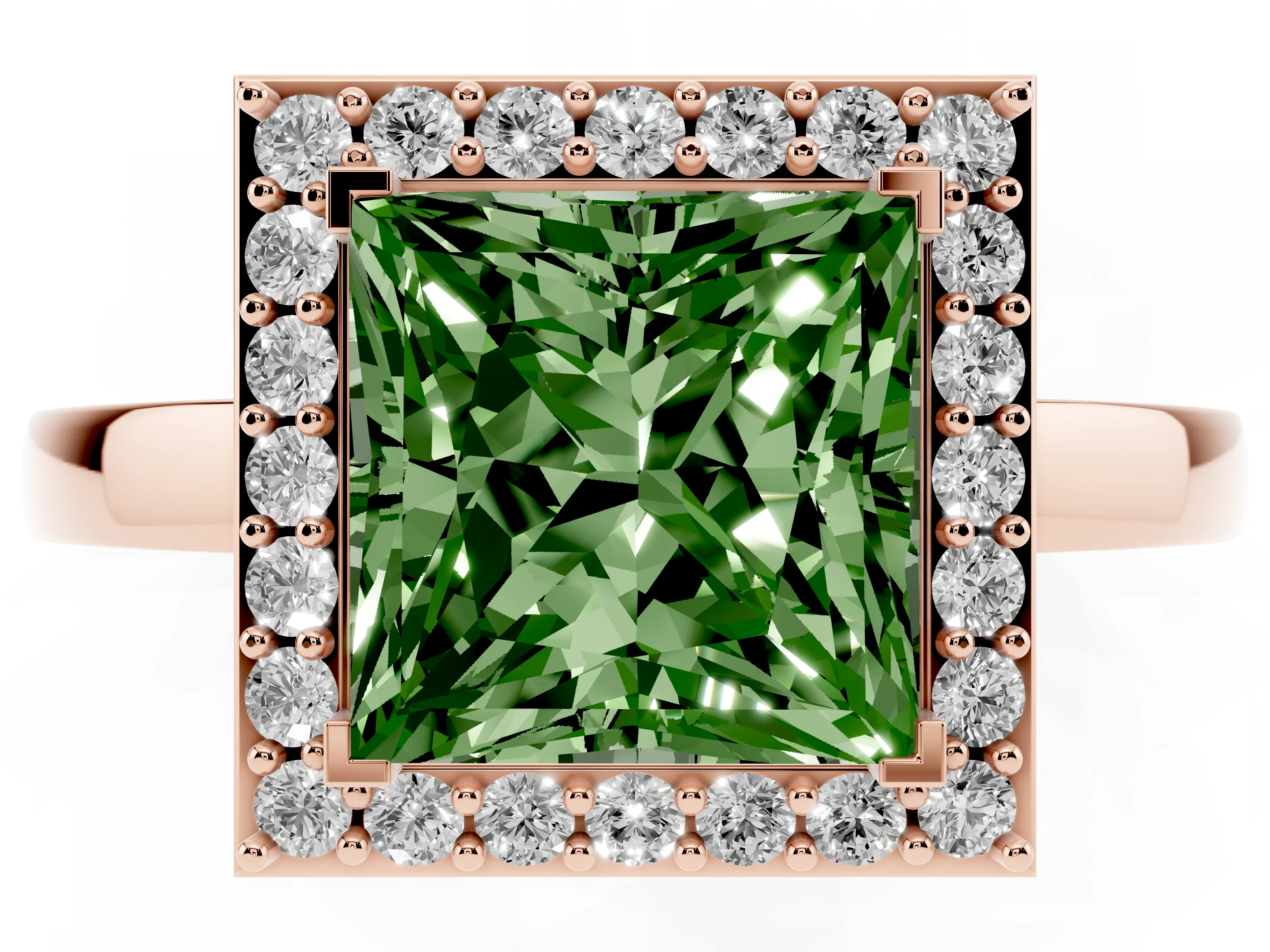 Fancy Green Princess Cut Diamond Halo Ring Set in Rose gold with Solitaire Band and Prong Setting