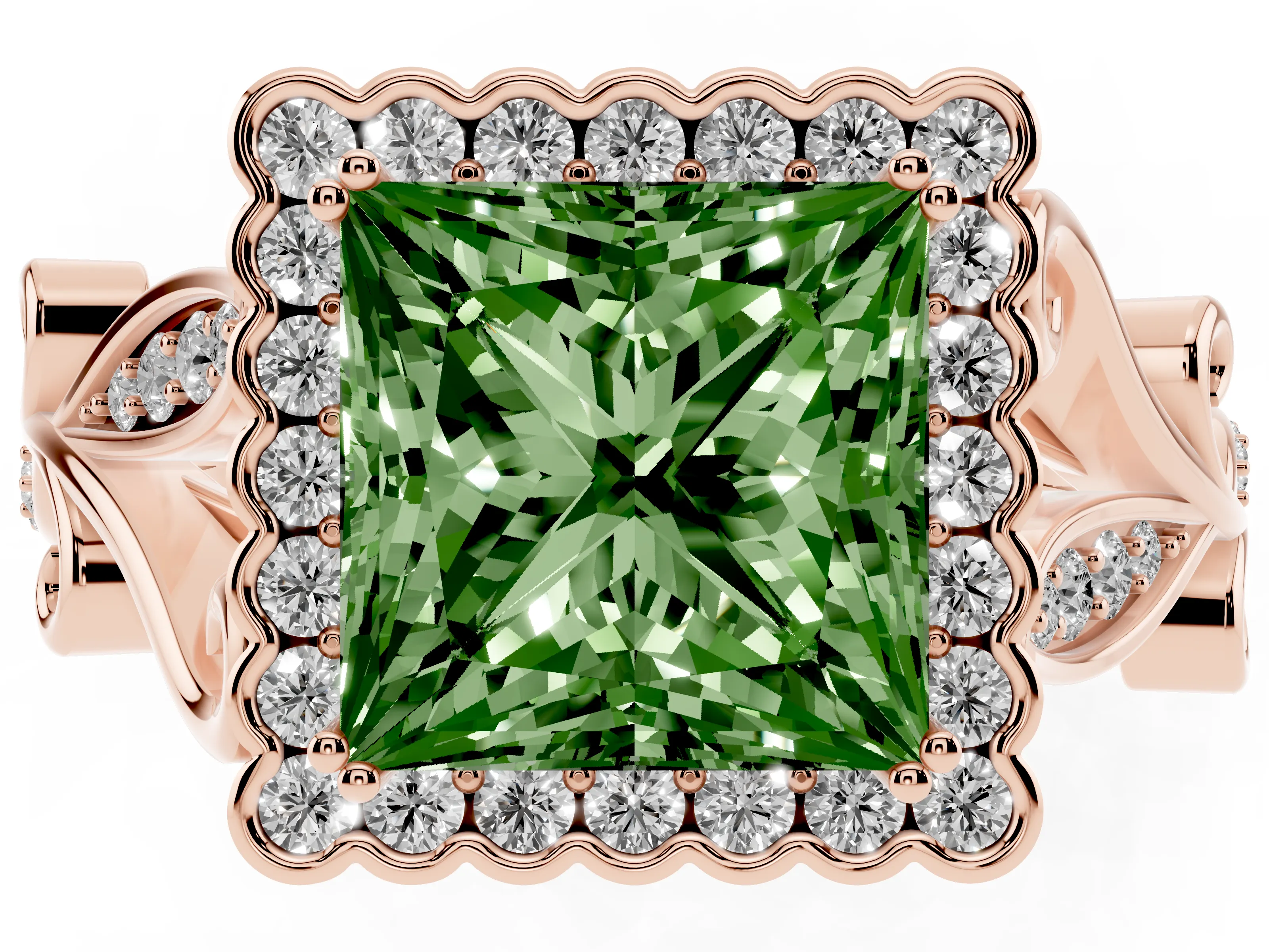 Fancy Green Princess Cut Diamond Halo Ring Set in Rose gold with Leaf Motif Split Shank and Prong Setting