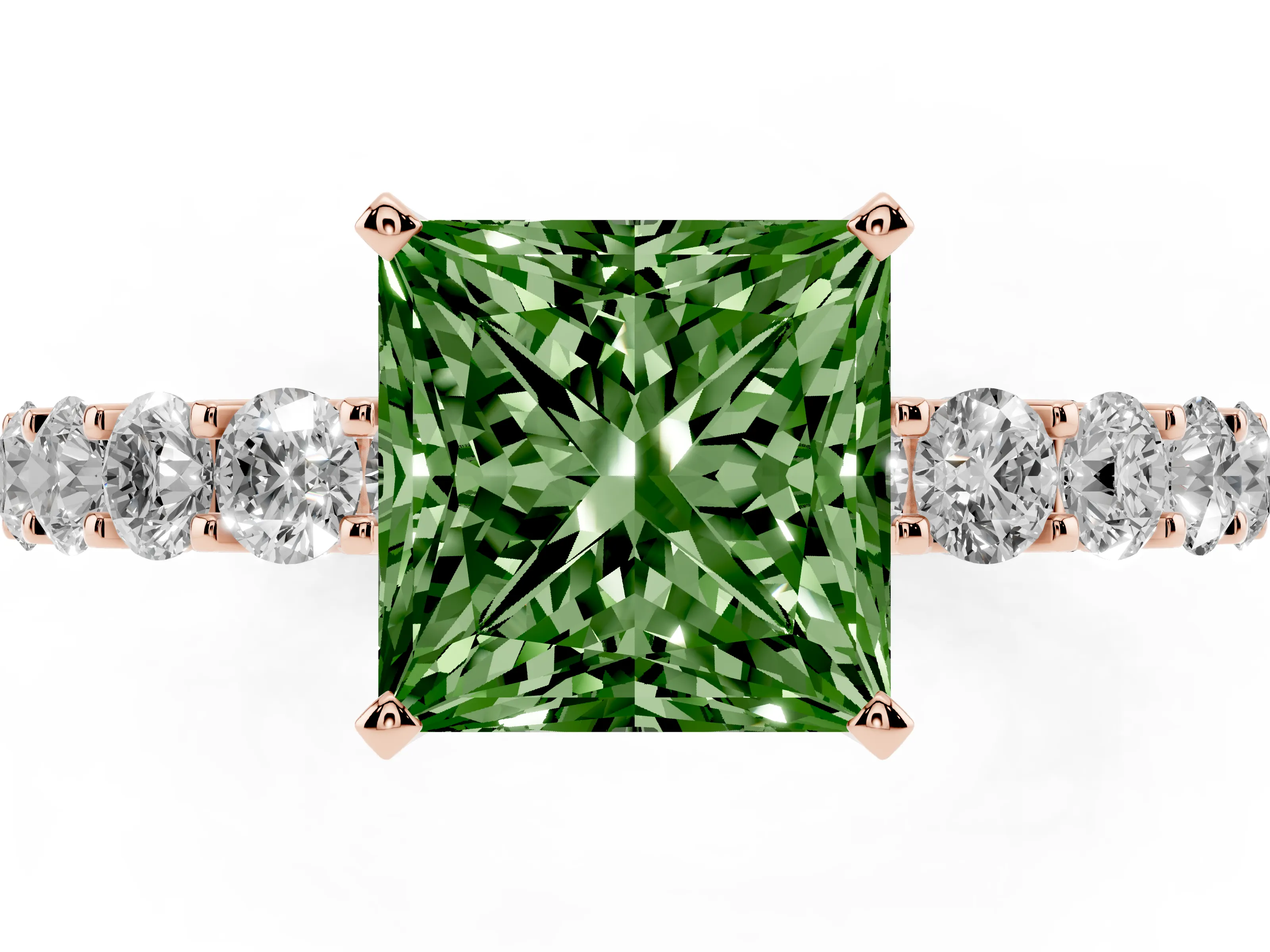 Fancy Green Princess Cut Diamond Solitaire Ring Set in Rose gold with Shared Prong Pavé Band