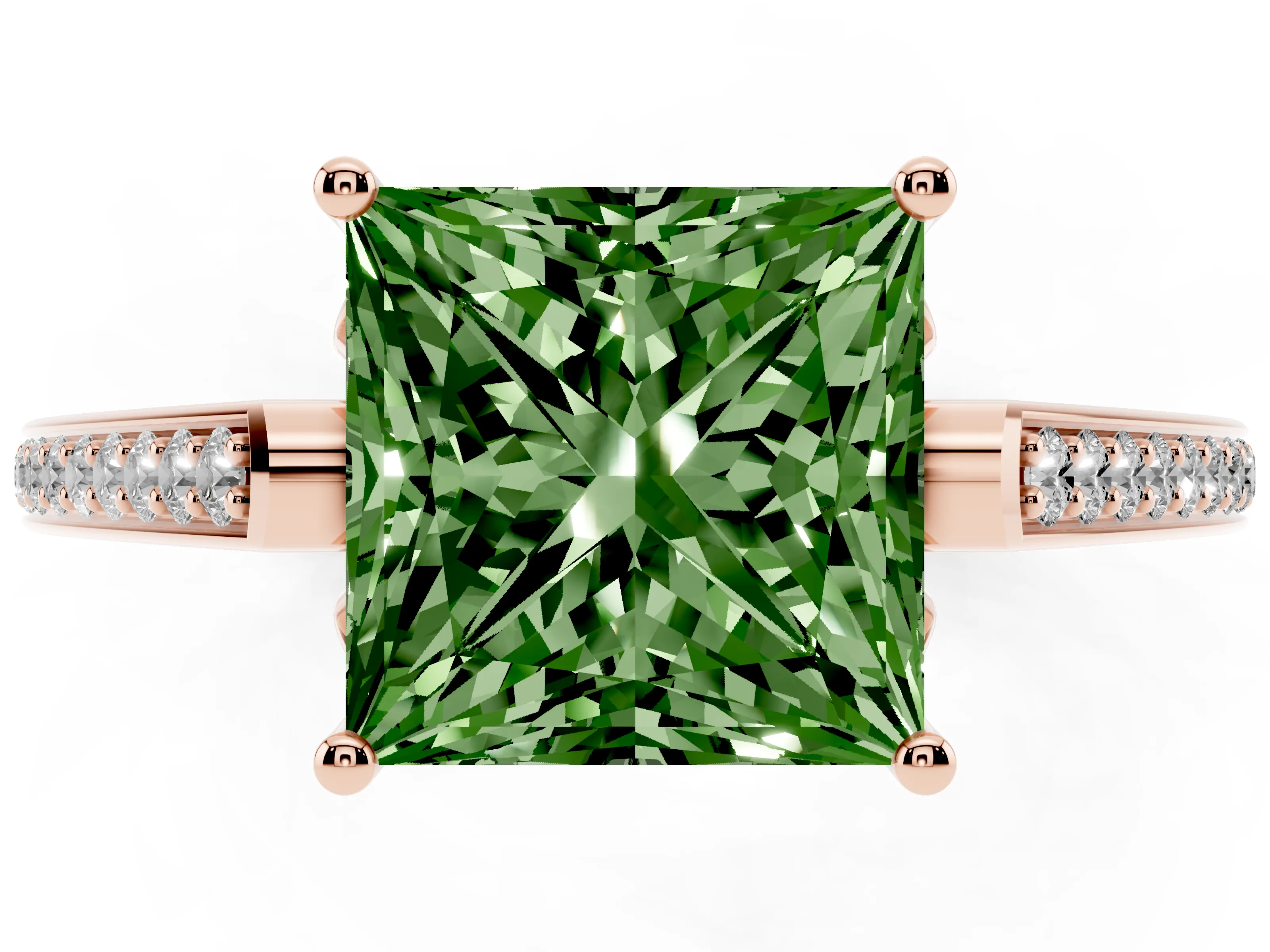 Fancy Green Princess Cut Diamond Cathedral Pavé Engagement Ring Set in Rose gold with Prong Setting