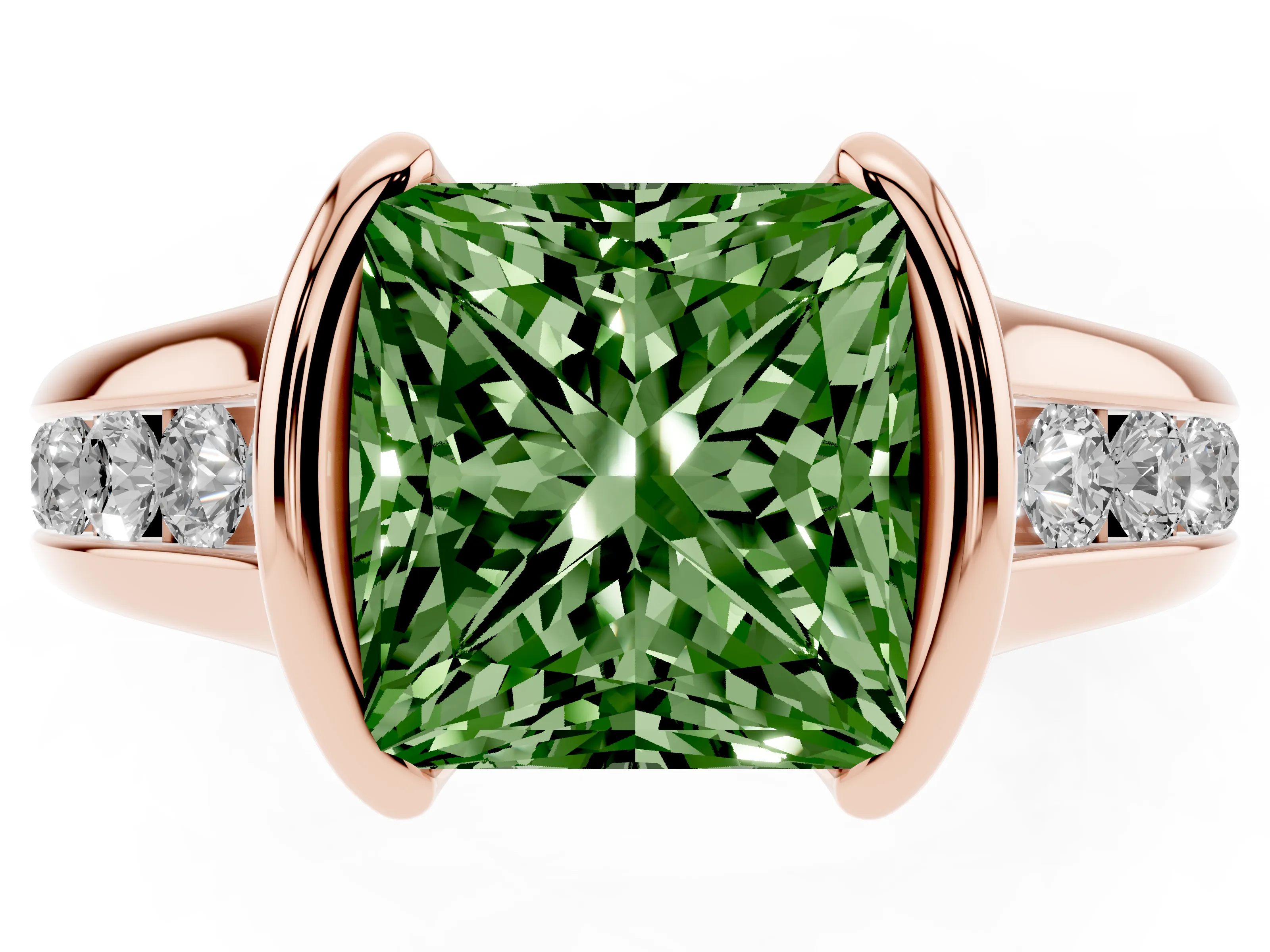 Fancy Green Princess Cut Diamond Bezel-Set Solitaire Ring Set in Rose gold with Channel-Set Band