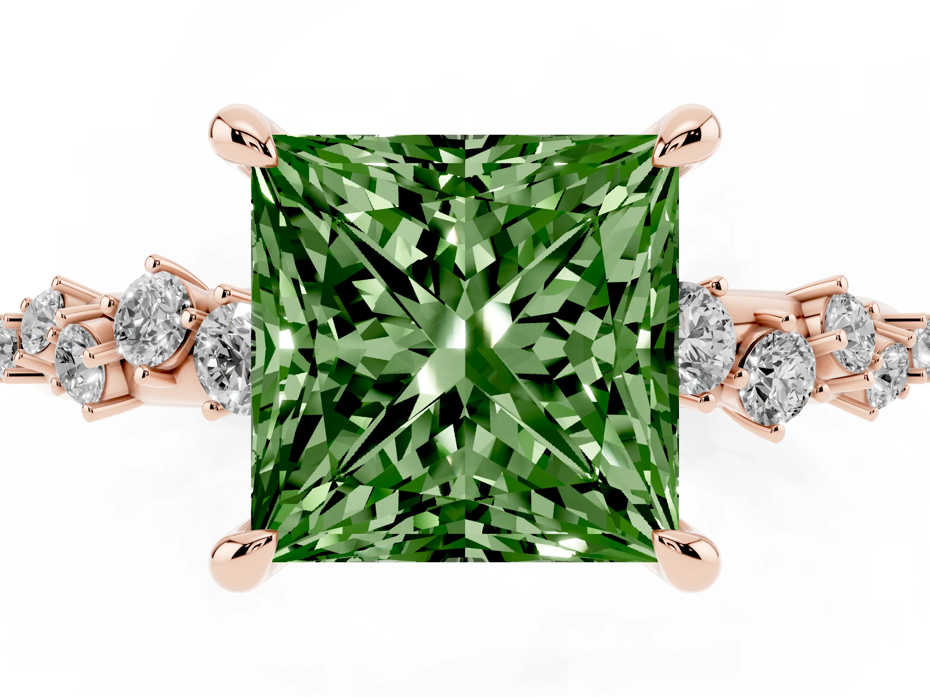 Fancy Green Princess Cut Diamond Solitaire Vine Band Ring Set in Rose gold with Round Accents and Prong Setting