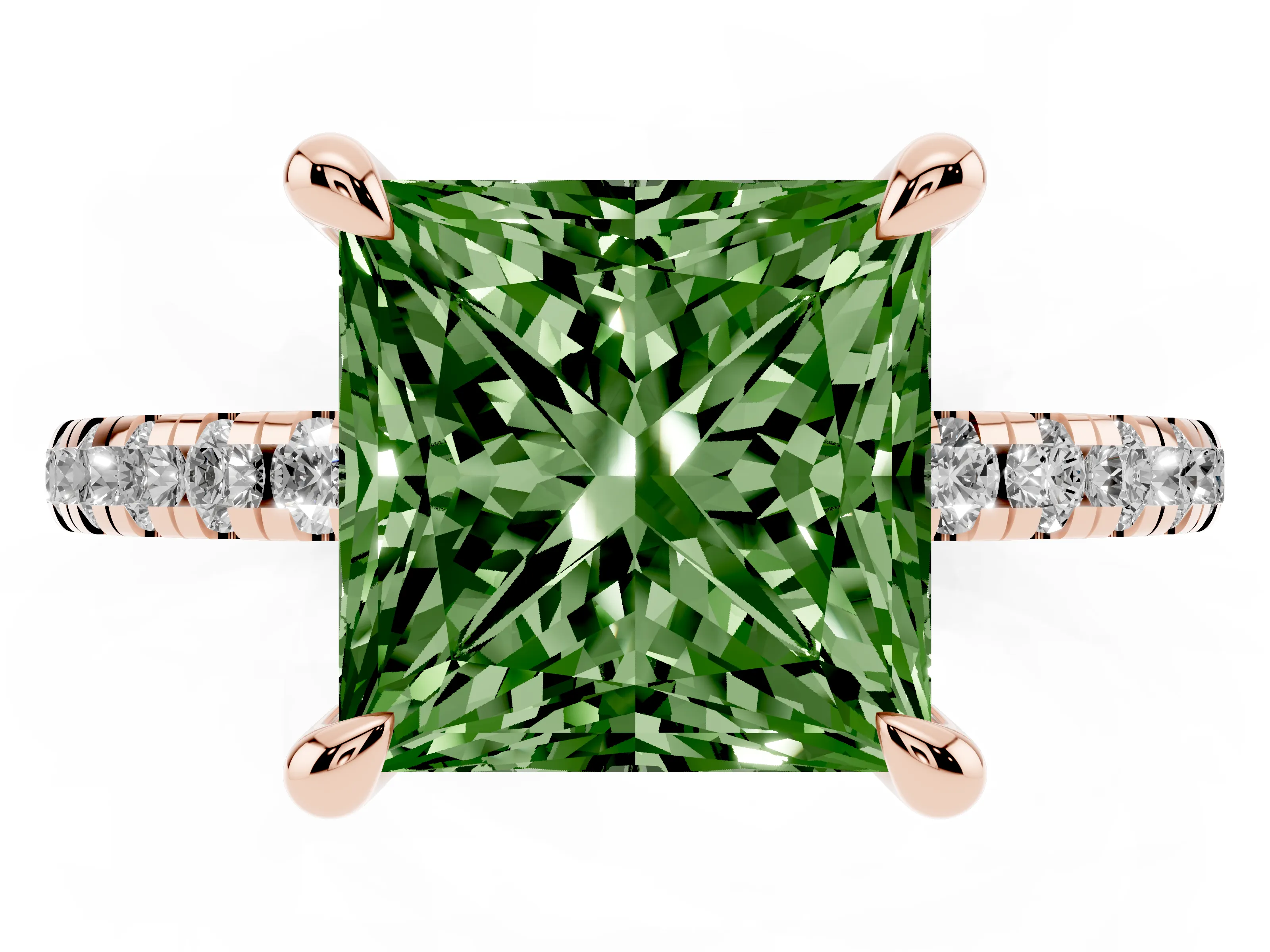 Fancy Green Princess Cut Diamond Brilliant Solitaire Ring Set in Rose gold with Pavé Band and Prong Setting