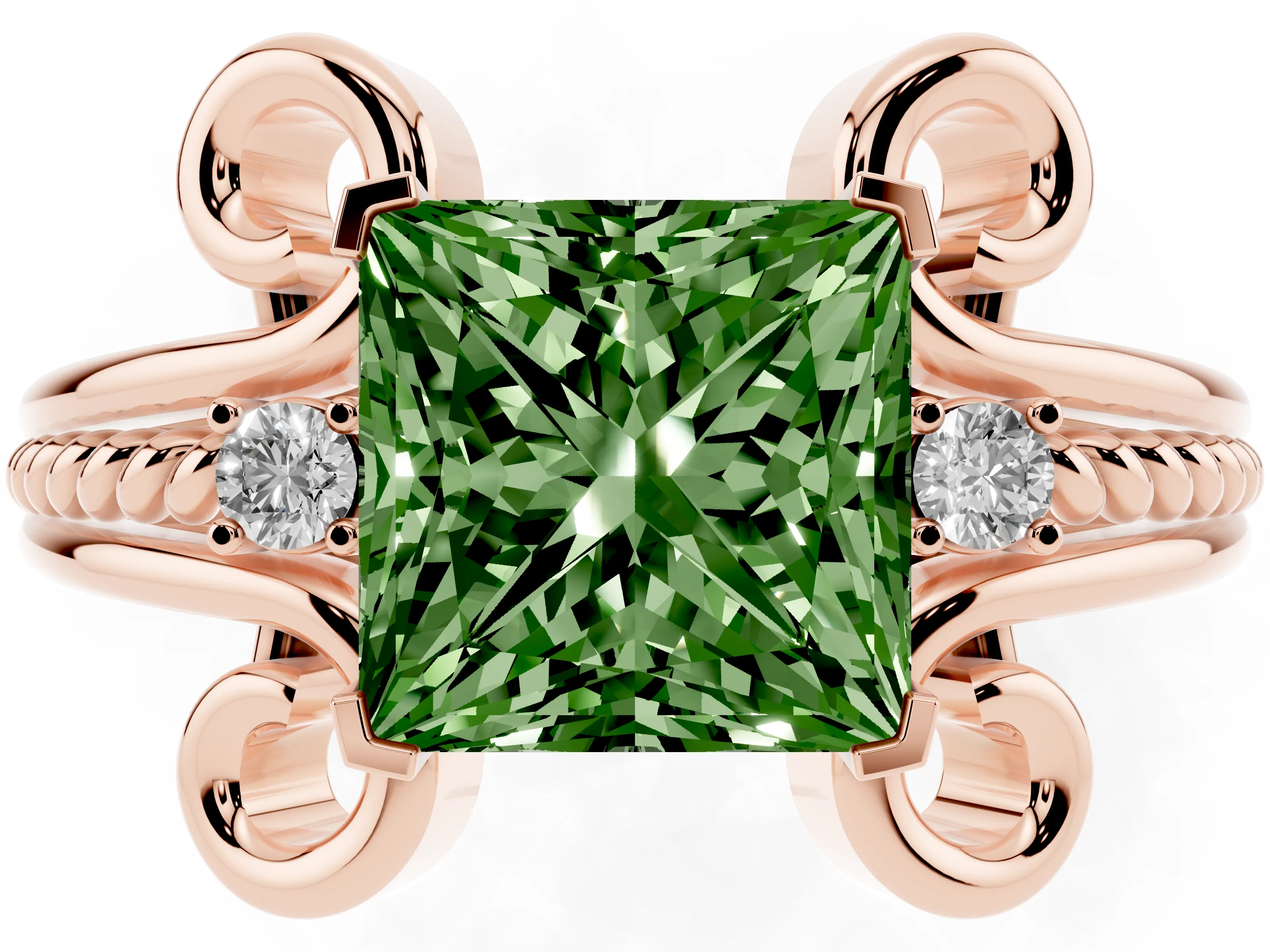 Fancy Green Princess Cut Diamond Twisted Band Solitaire Ring Set in Rose gold with Scroll Prongs