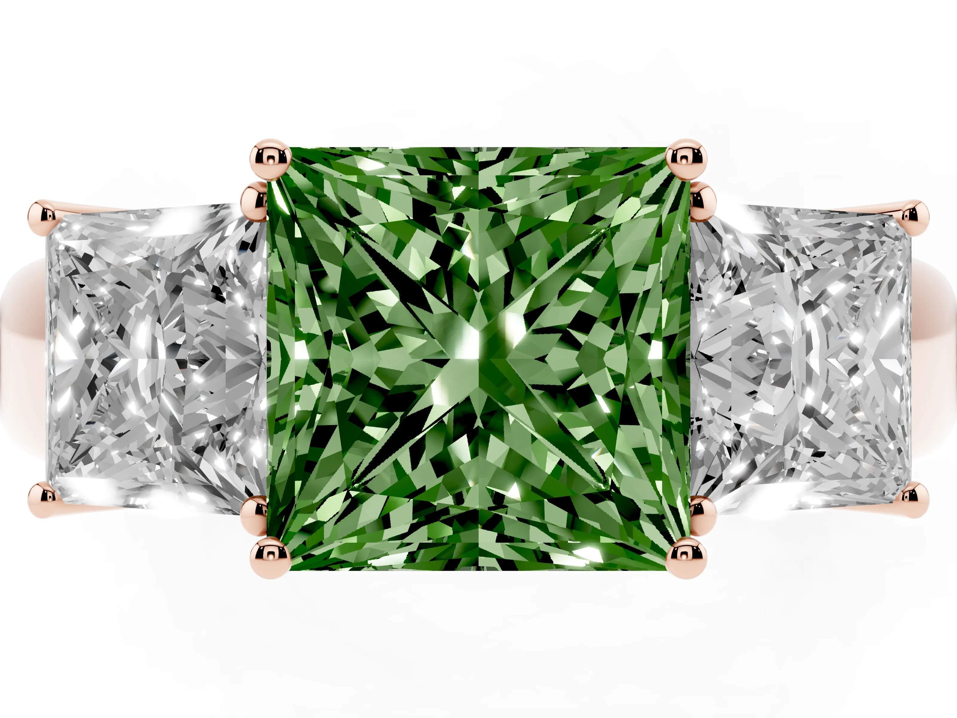 Fancy Green Three-Stone Princess Cut Diamond Ring Set in Rose gold with Matching Prong Settings and Plain Band