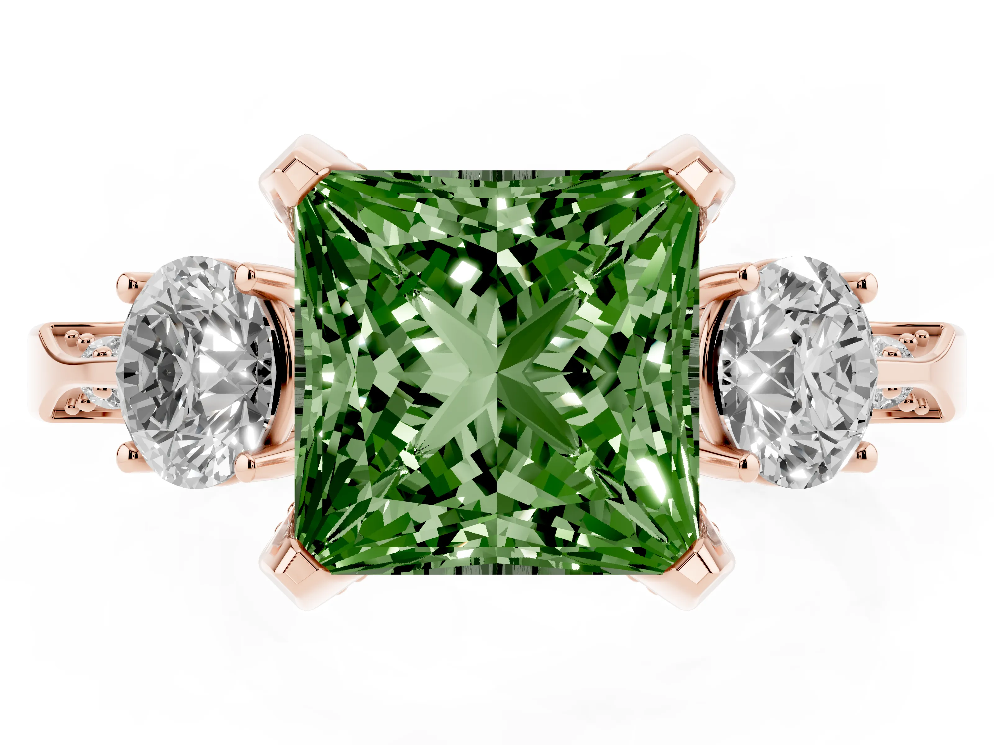 Fancy Green Princess Cut Diamond Three-Stone Ring Set in Rose gold with Pavé Band and Smaller Side Stones