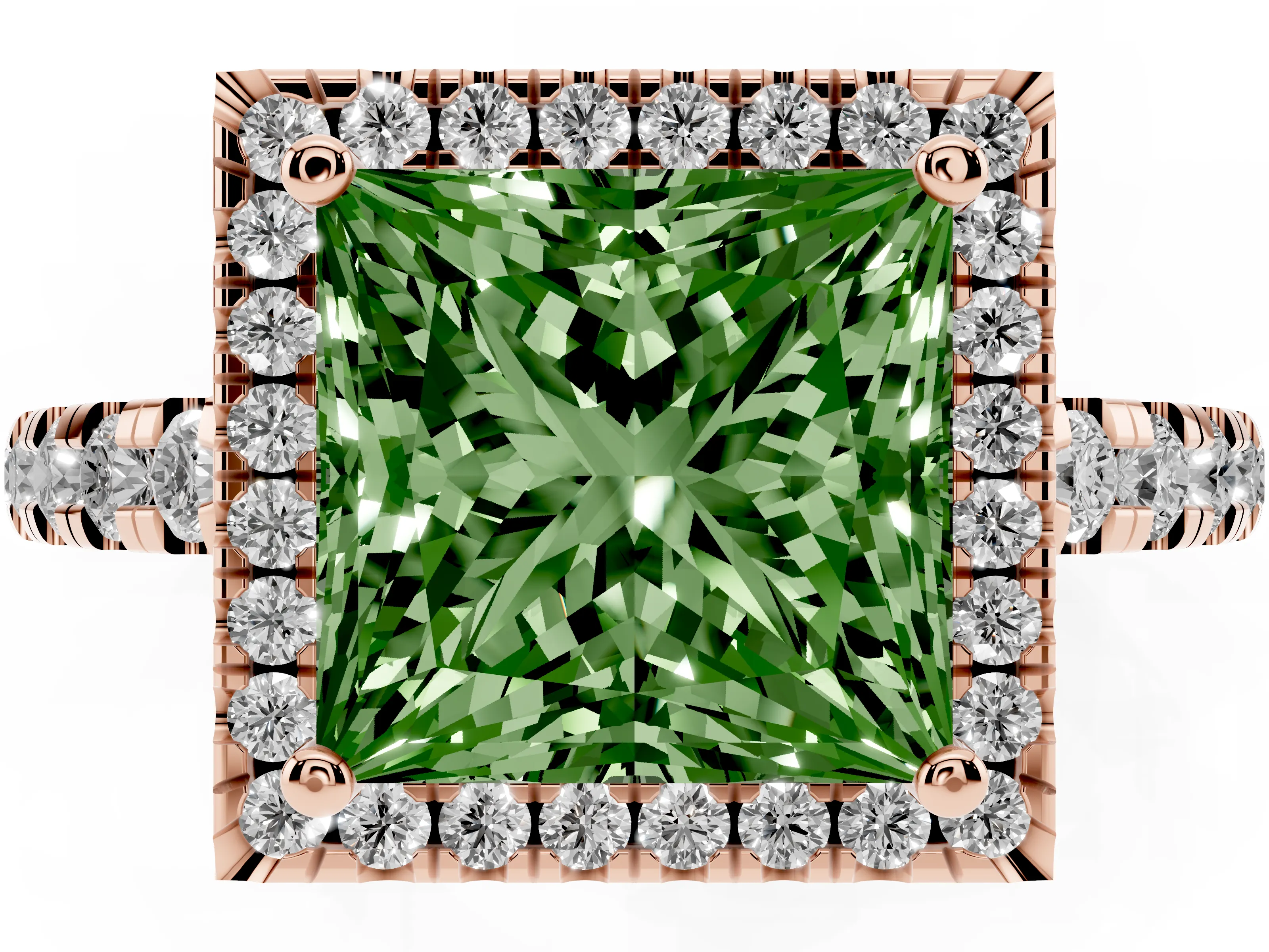 Fancy Green Princess Cut Diamond Halo Ring Set in Rose gold with Delicate Pavé Band and Prong Setting