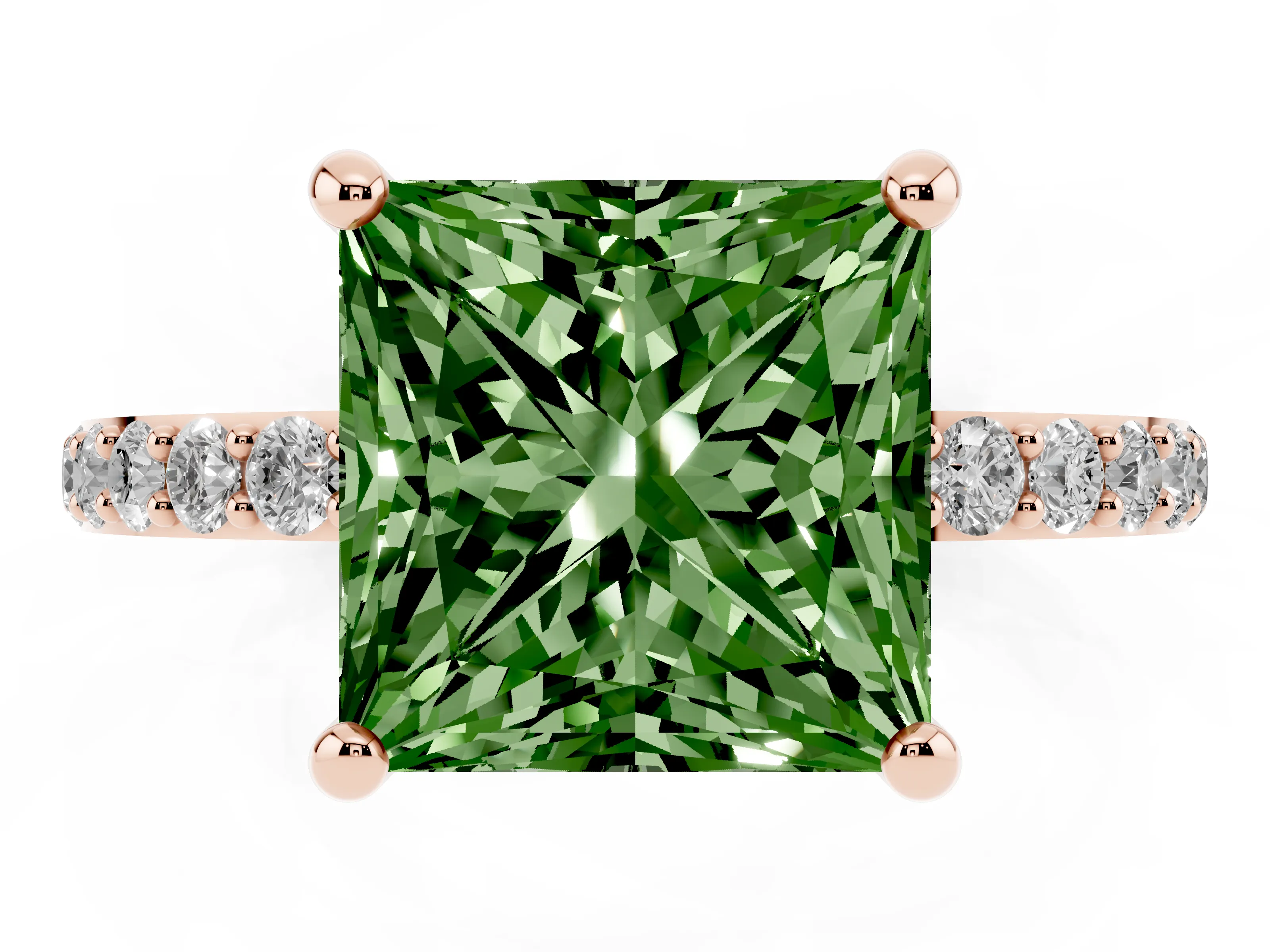 Fancy Green Princess Cut Diamond Solitaire Ring Set in Rose gold with Round Pavé Band and Prong Setting
