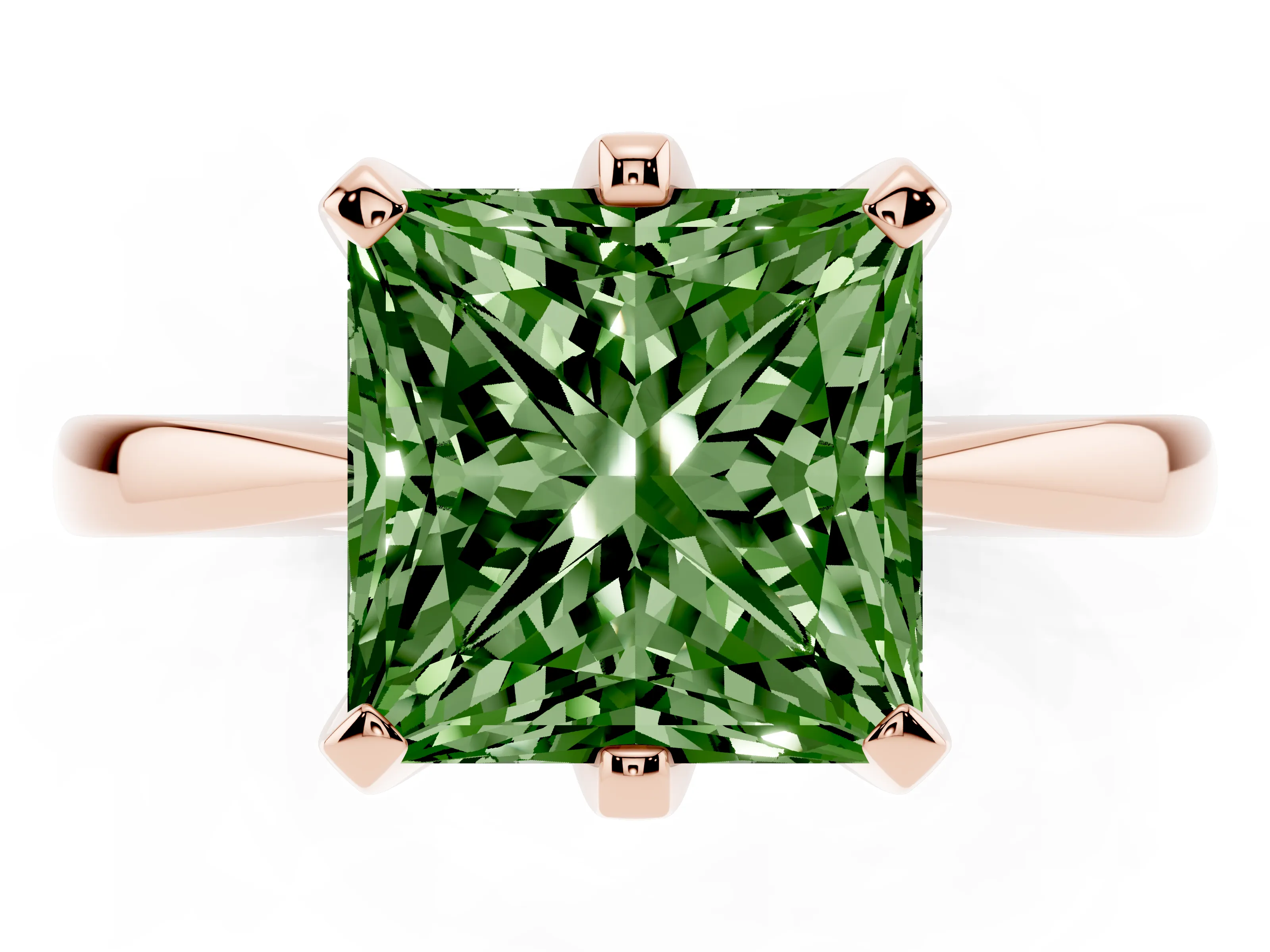 Fancy Green Princess Cut Diamond Solitaire Engagement Ring Set in Rose gold with Slim Tapered Solitaire Band