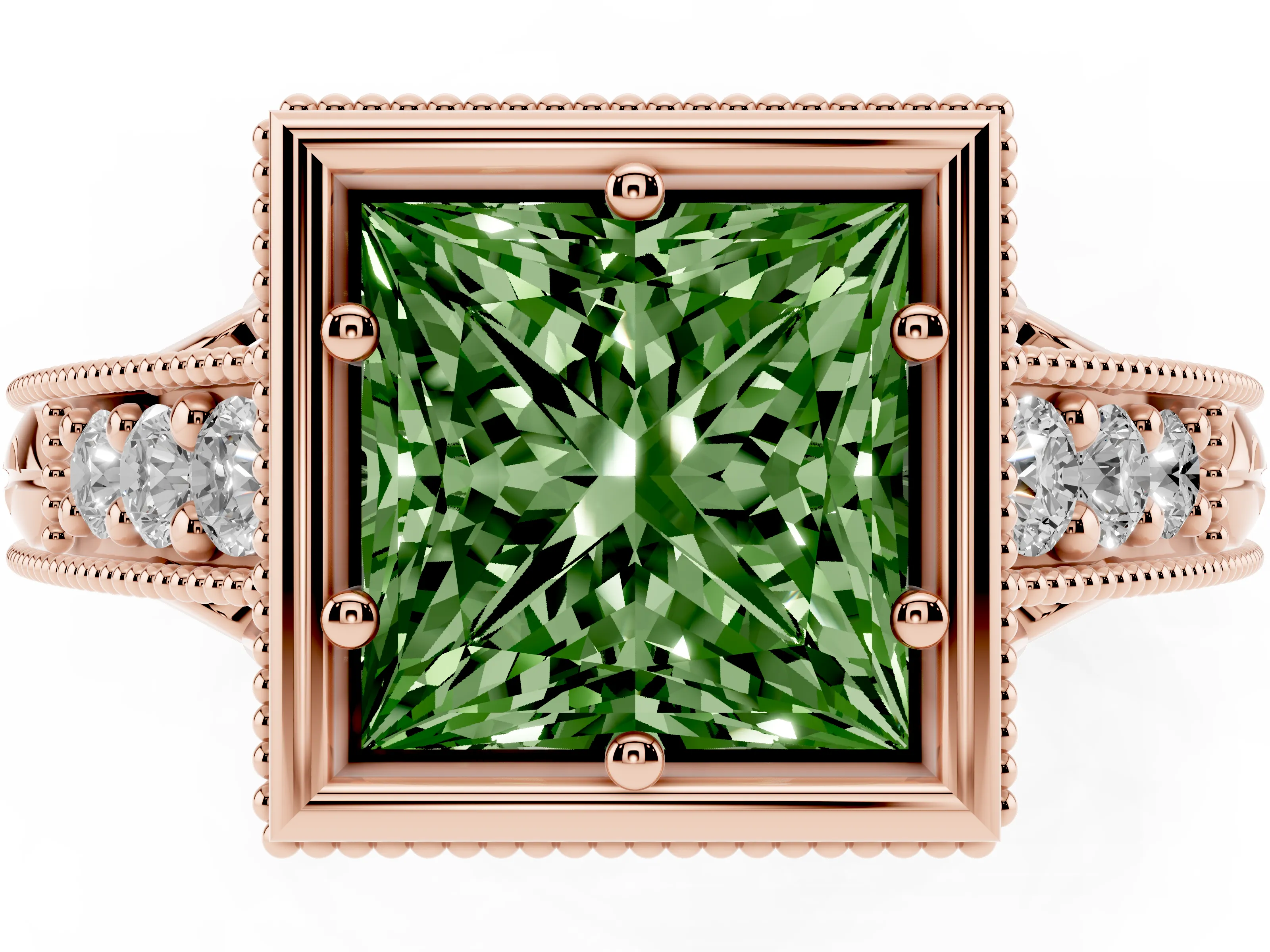 Fancy Green Bezel Set Princess Cut Diamond Milgrain Pavé Engagement Ring Set in Rose gold