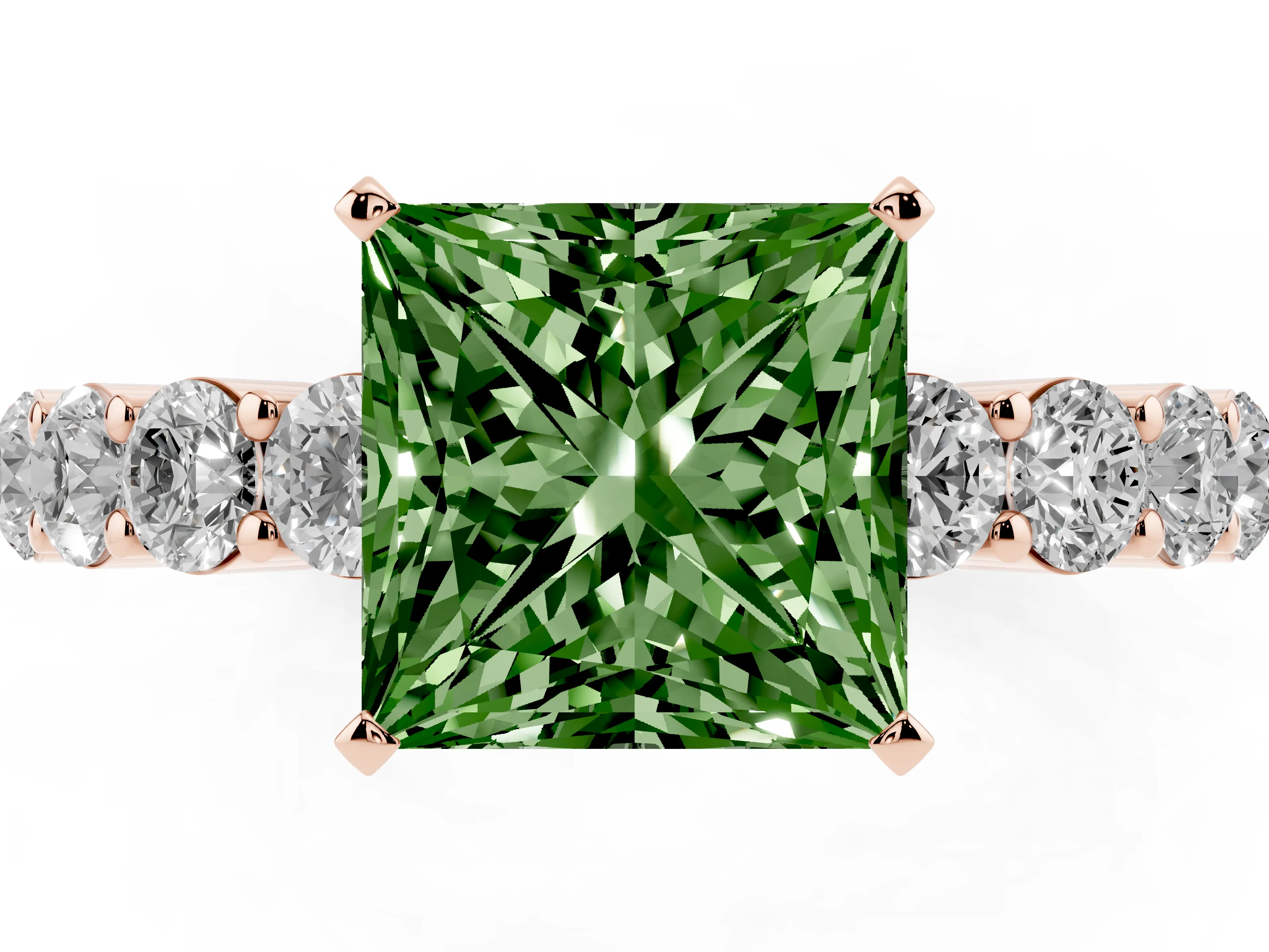 Fancy Green Princess Cut Diamond Solitaire Ring Set in Rose gold with Shared Prong Round Side Stones