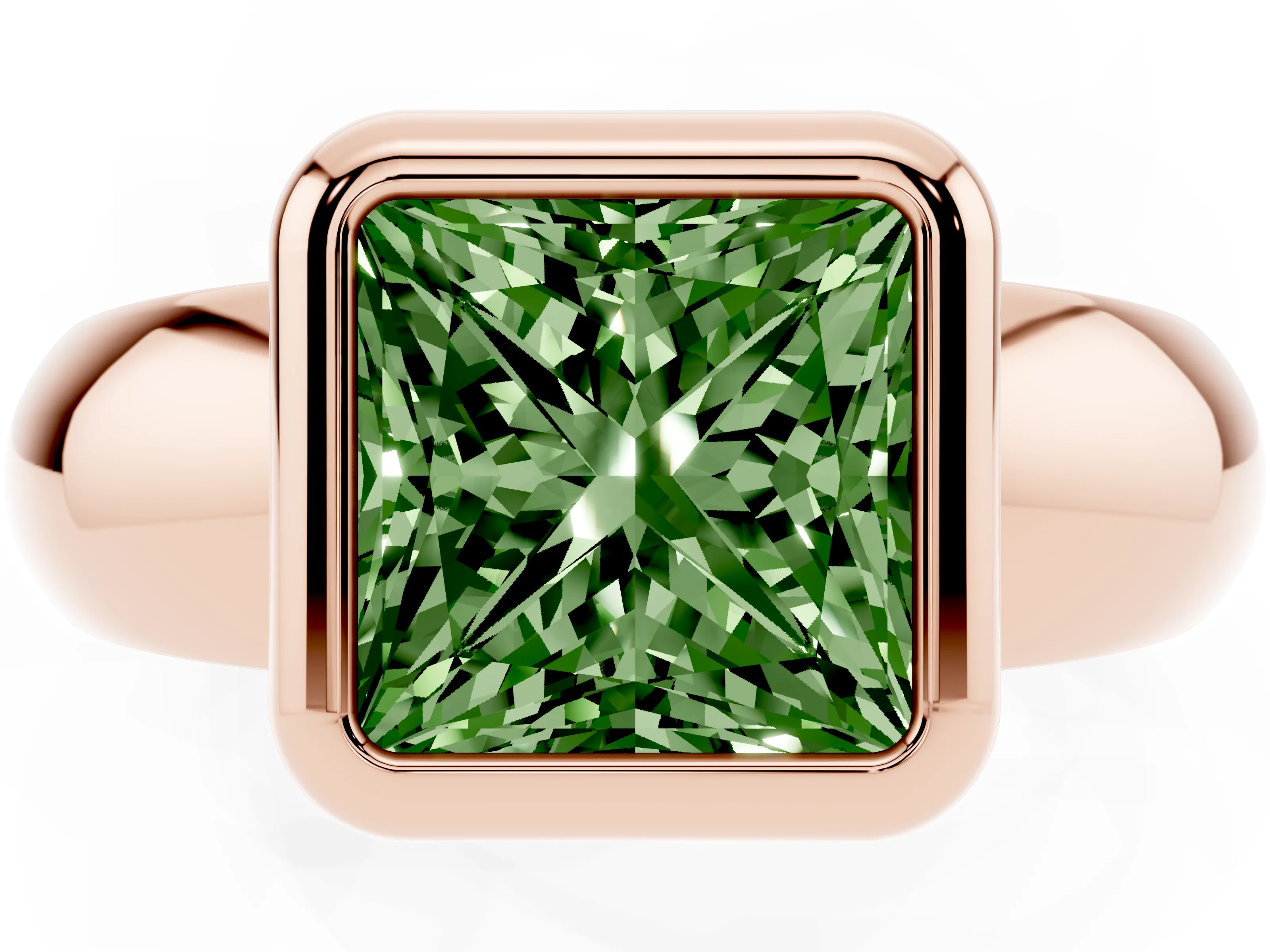 Fancy Green Bezel Set Princess Cut Diamond Solitaire Ring Set in Rose gold with Wide Band