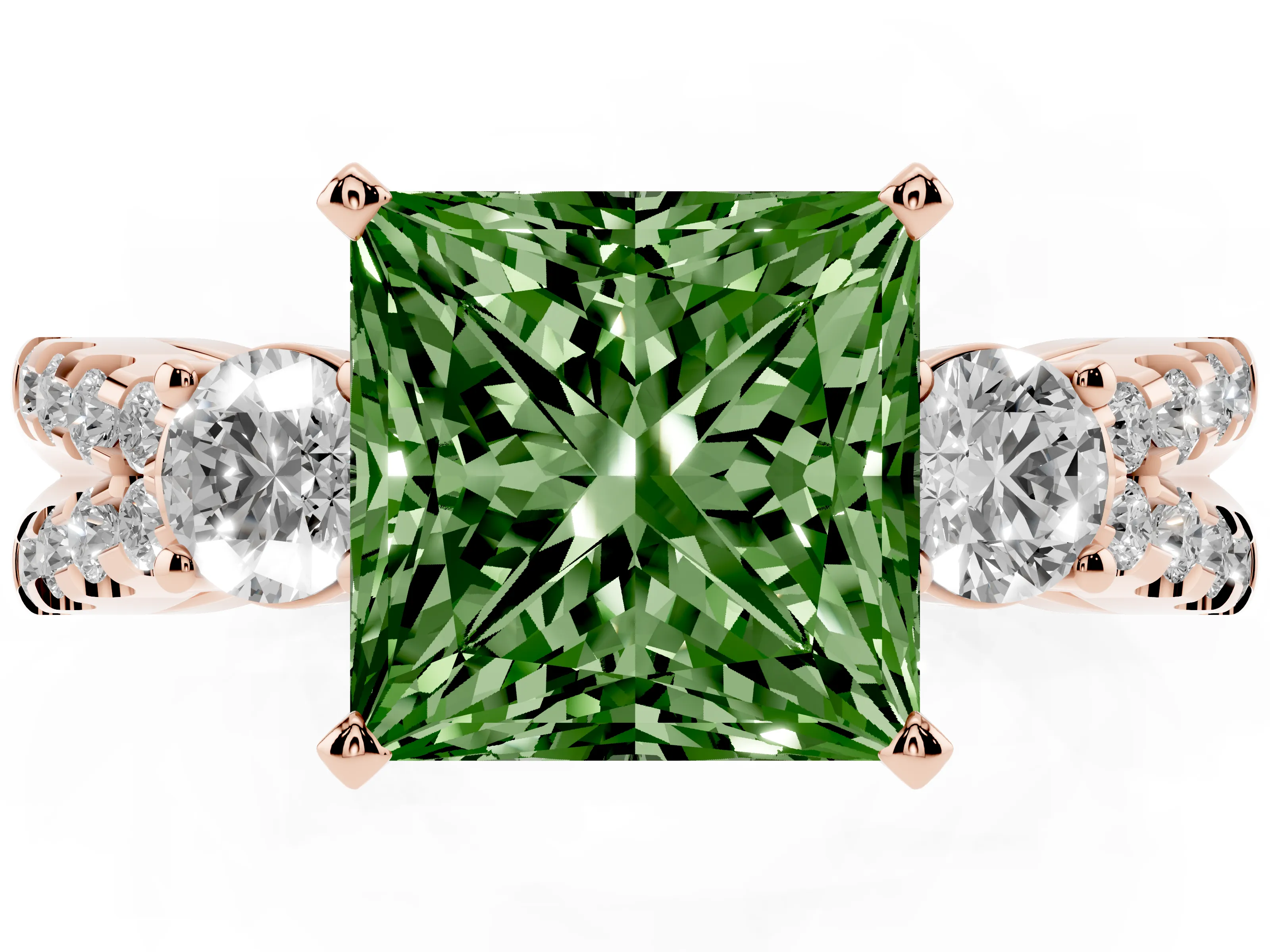 Fancy Green Princess Cut Diamond Three-Stone Ring Set in Rose gold with Pavé Split Shank and Prong Setting