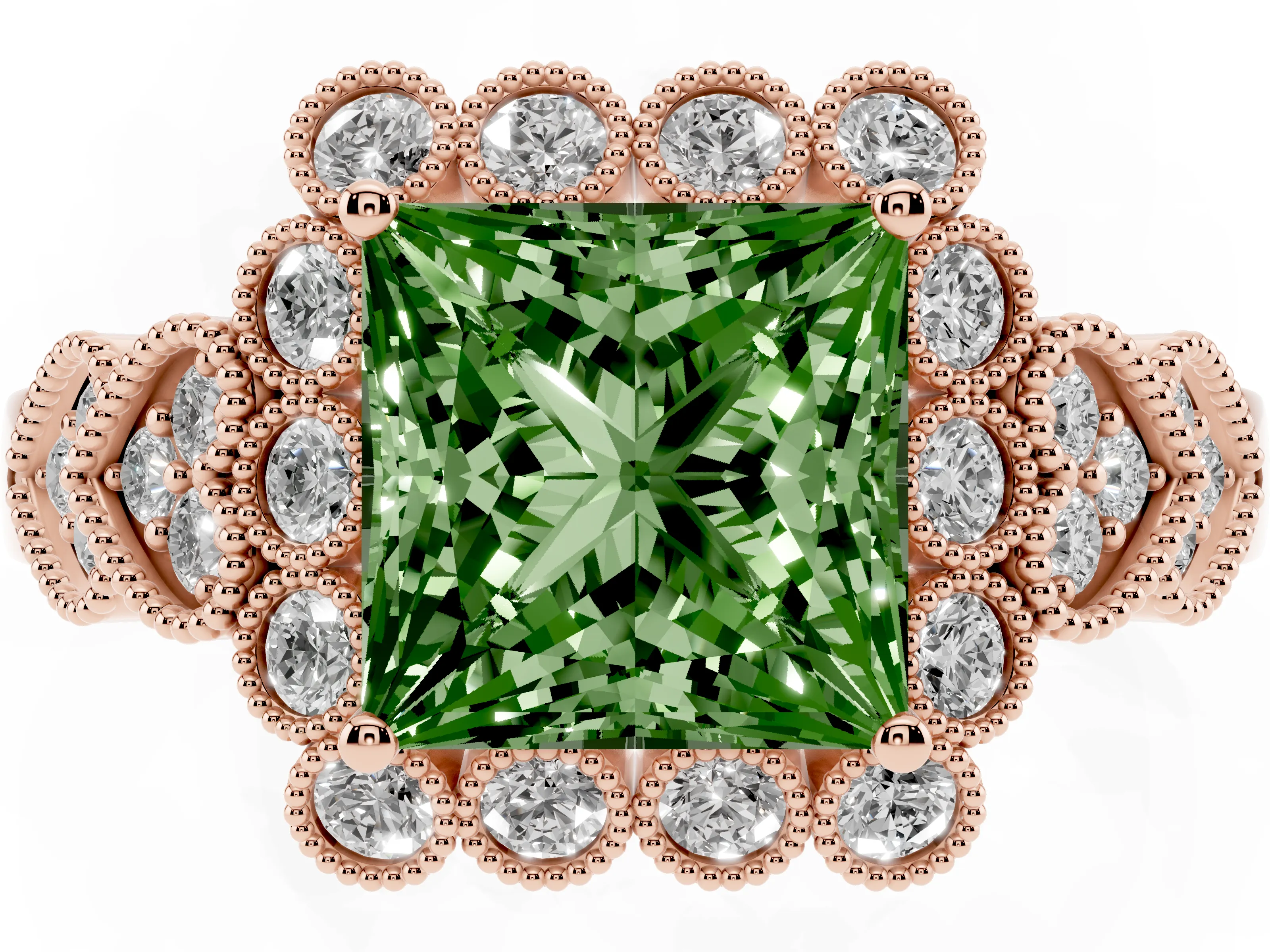Fancy Green Princess Cut Diamond Solitaire Ring Set in Rose gold with Milgrain Pavé Heart Band