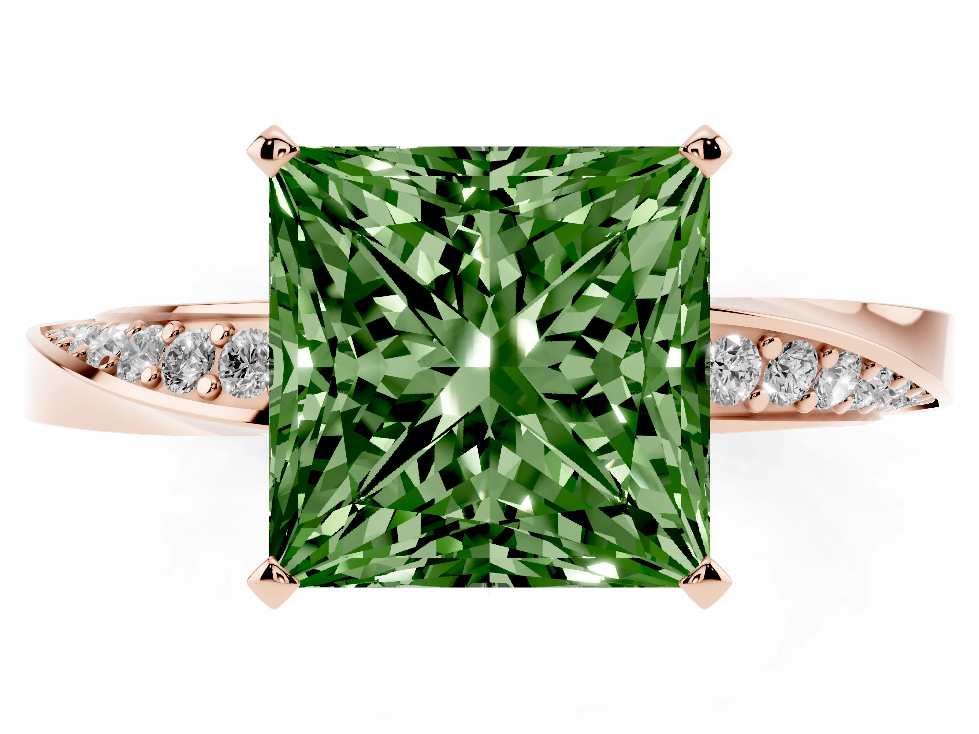 Fancy Green Princess Cut Diamond Engagement Ring Set in Rose gold with Side Stone Accents and Prong Setting