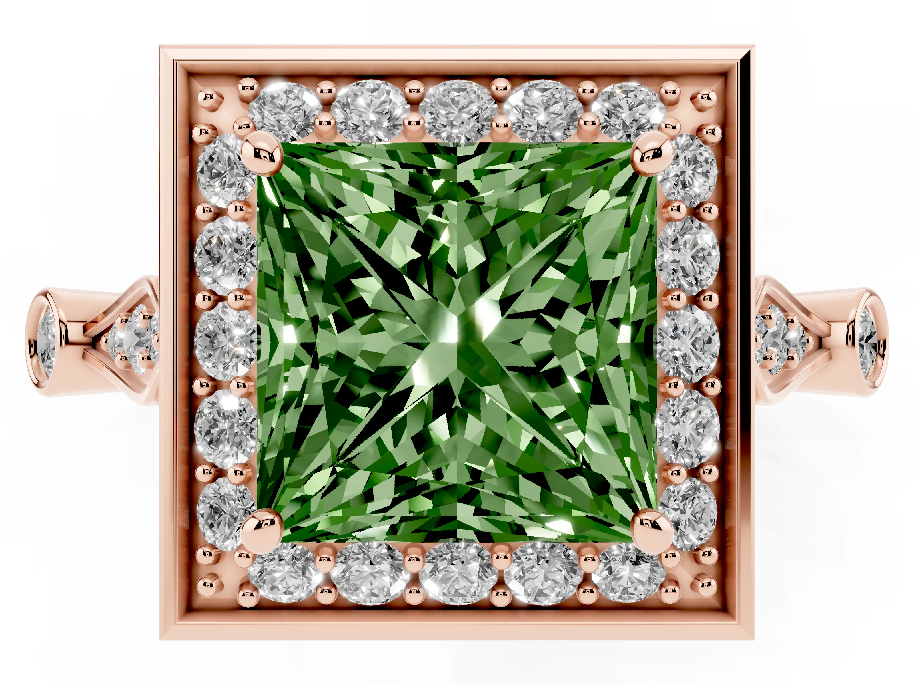 Fancy Green Princess Cut Diamond Halo Engagement Ring Set in Rose gold with Twisted Band and Prong Setting