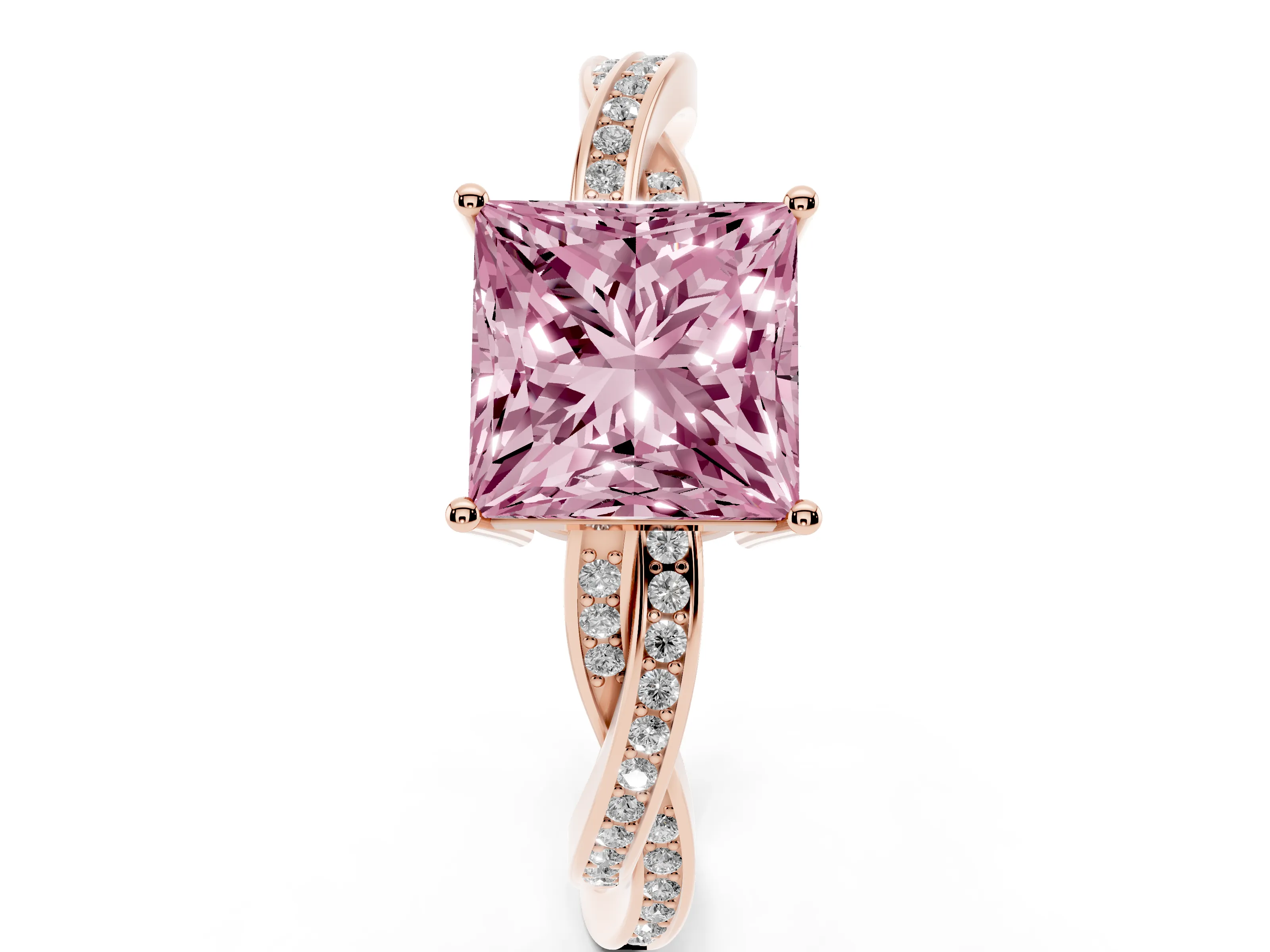 Fancy Pink Princess Cut Diamond Solitaire Twisted Pavé Ring Set in Rose gold with Prong Setting