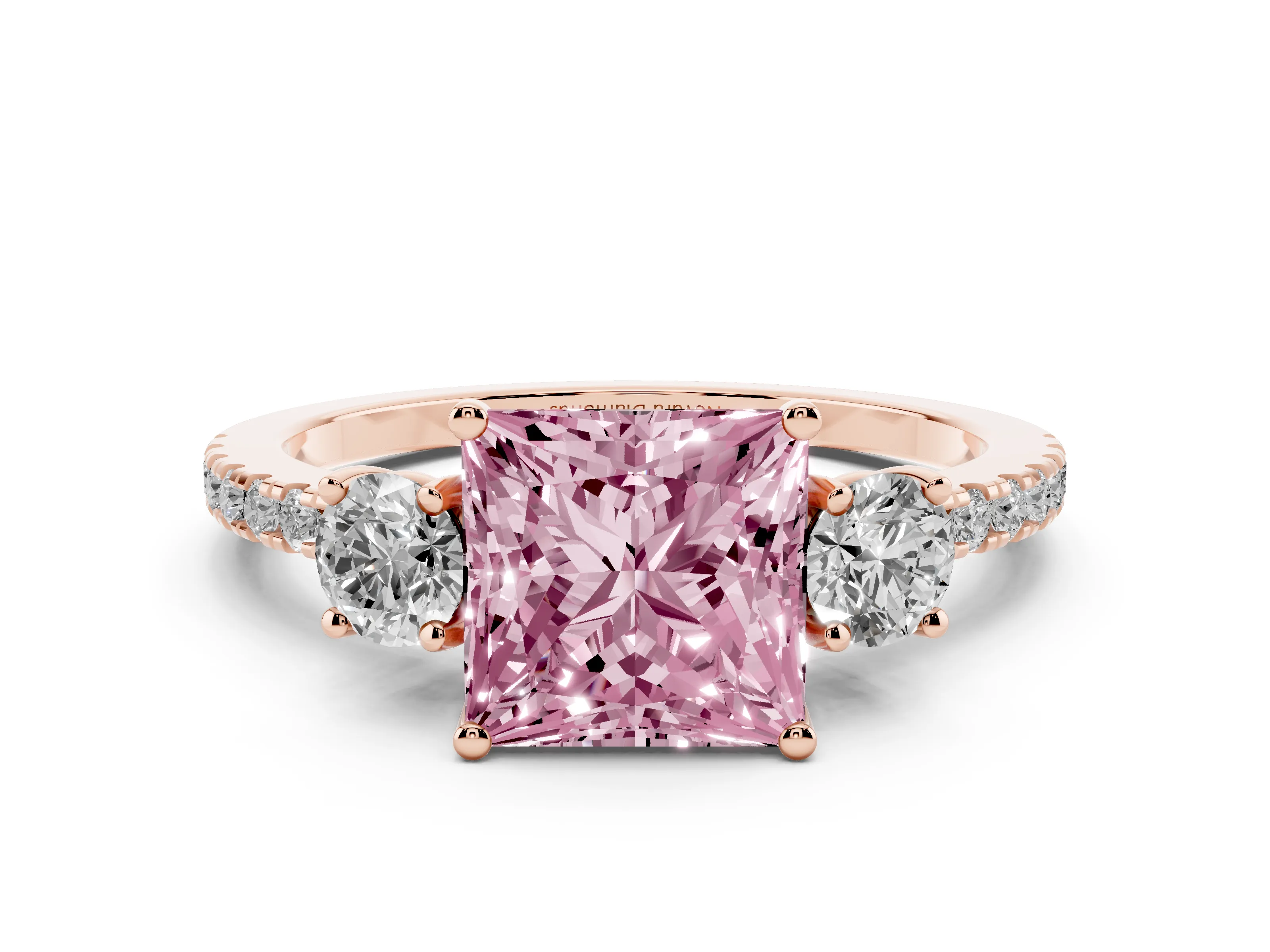 Fancy Pink Princess Cut Diamond Three-Stone Ring Set in Rose gold with Pavé Band and Graduated Sides