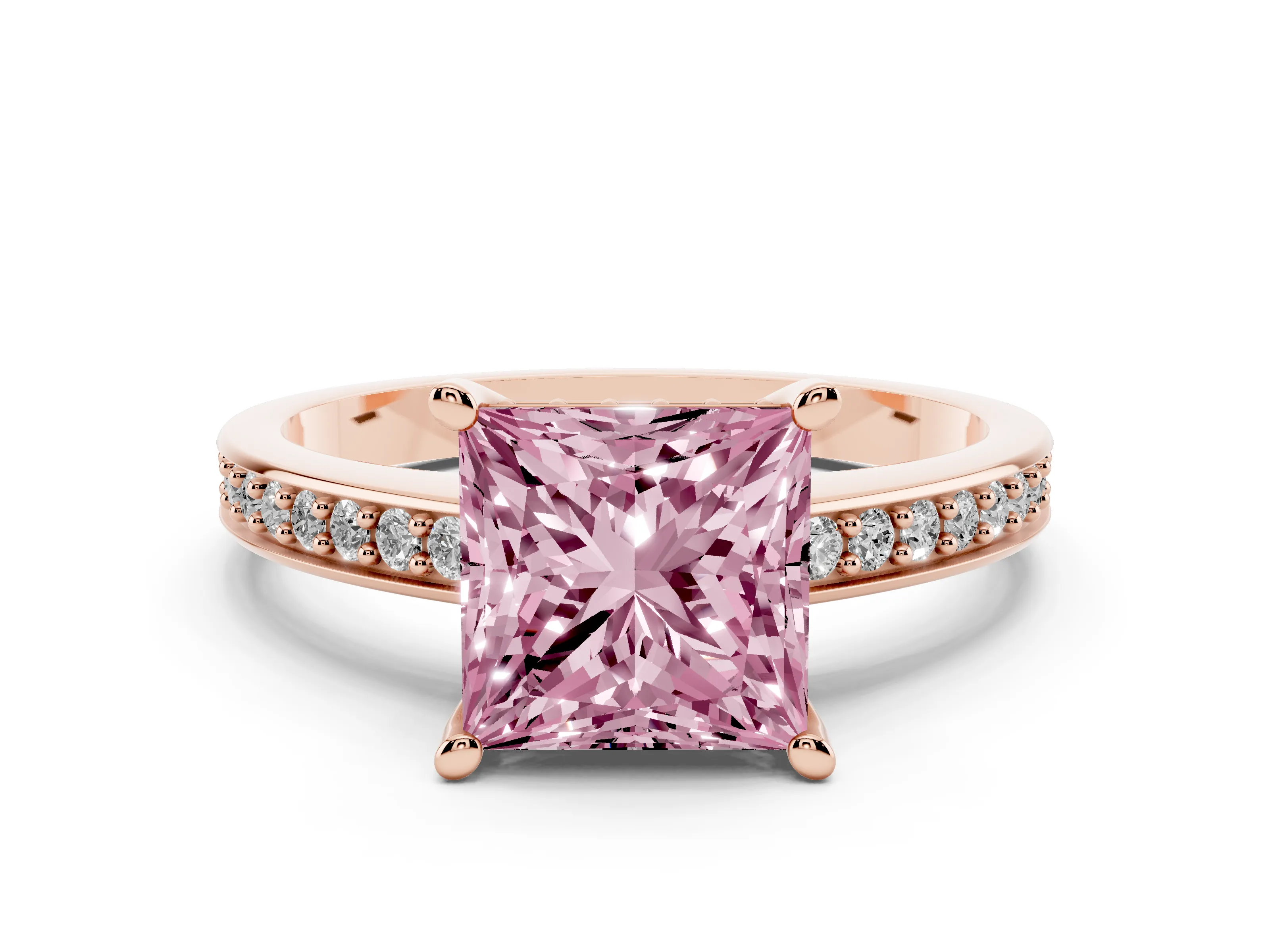 Fancy Pink Princess Cut Diamond Pavé Band Prong Set Solitaire Ring Set in Rose gold