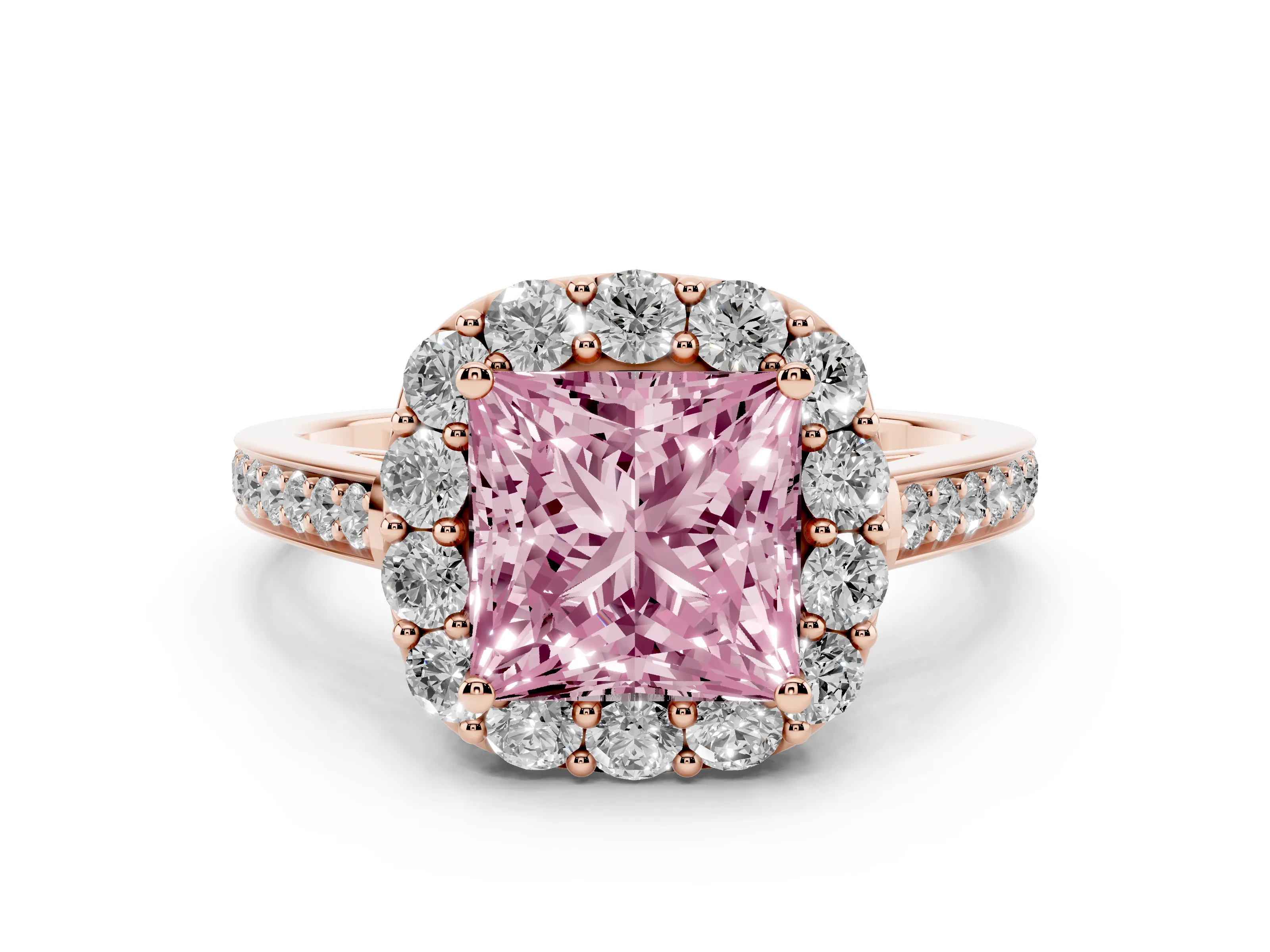 Fancy Pink Princess Cut Diamond Floral Halo Ring Set in Rose gold with Pavé Band and Prong Setting