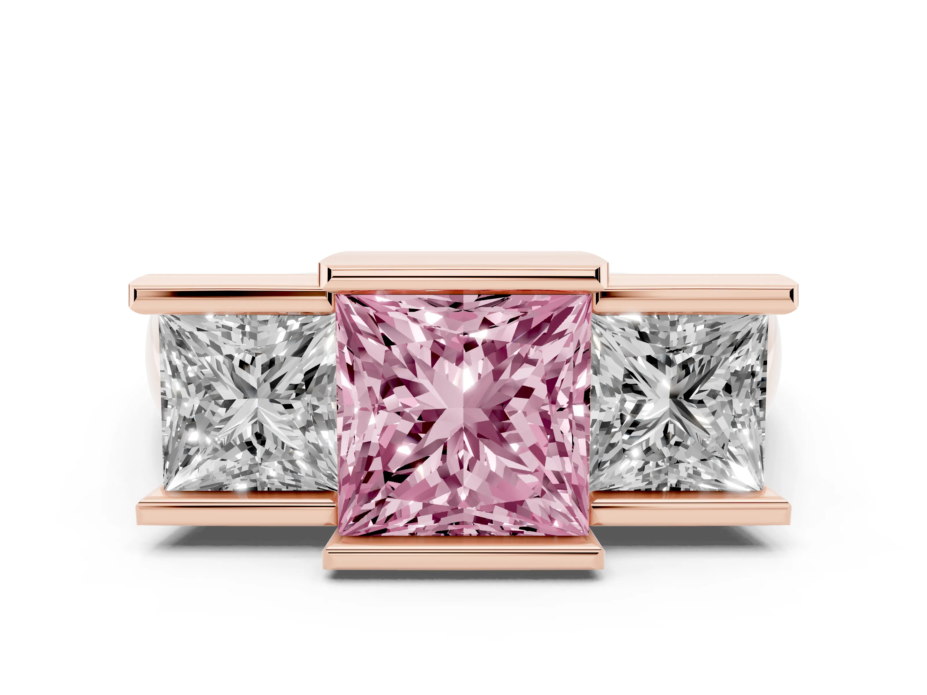 Fancy Pink Princess Cut Diamond Three-Stone Channel Set Ring Set in Rose gold with Smooth Polished Band
