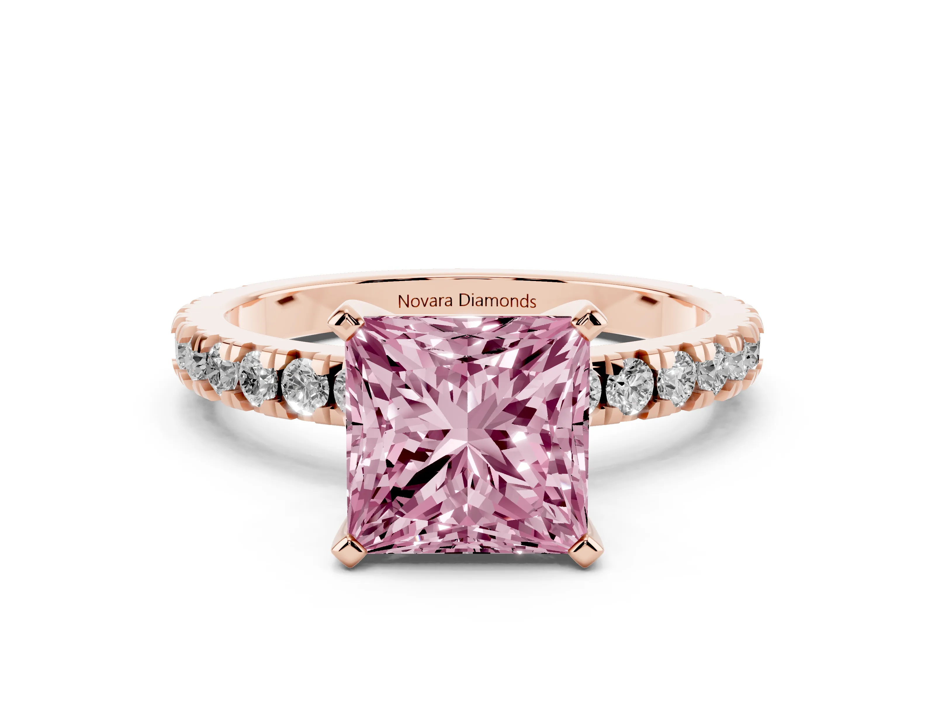 Fancy Pink Princess Cut Diamond Pavé Band Solitaire Set in Rose gold with Prong Setting