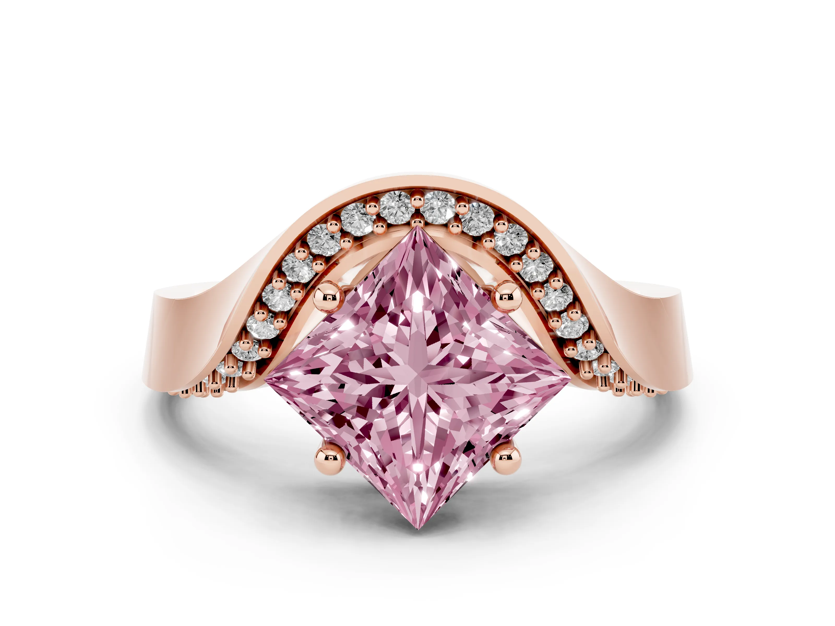 Fancy Pink Princess Cut Diamond Solitaire Engagement Ring Set in Rose gold with Pavé Shoulders