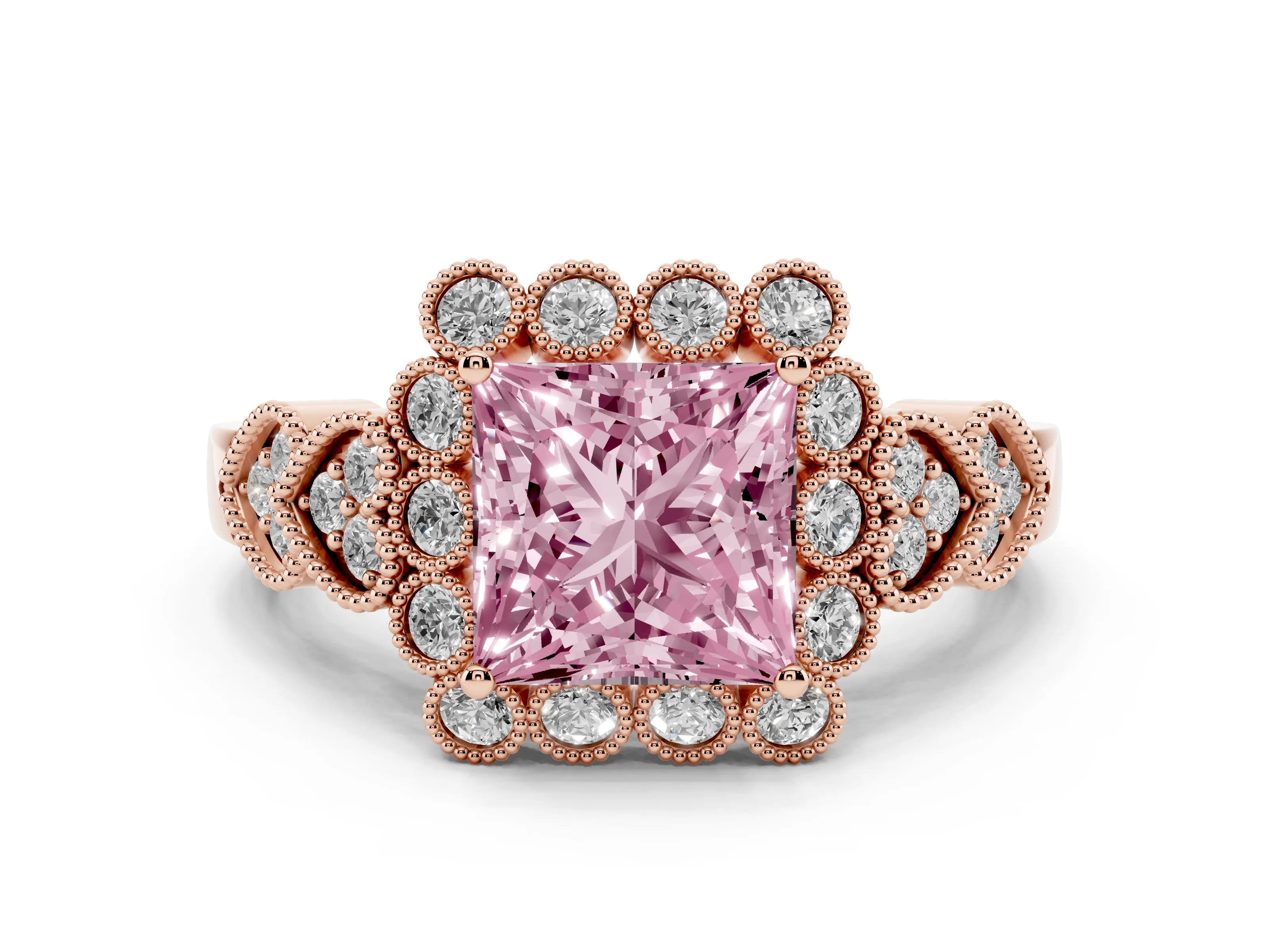 Fancy Pink Princess Cut Diamond Solitaire Ring Set in Rose gold with Milgrain Pavé Heart Band