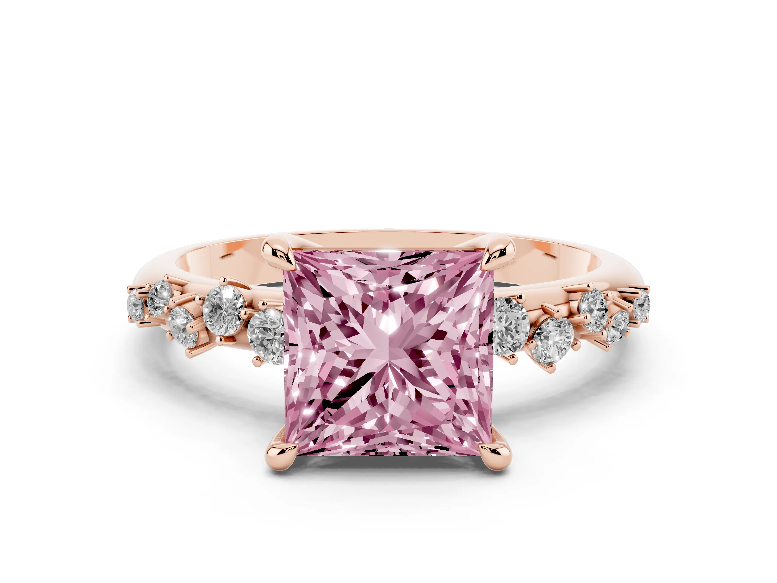 Fancy Pink Princess Cut Diamond Solitaire Vine Band Ring Set in Rose gold with Round Accents and Prong Setting