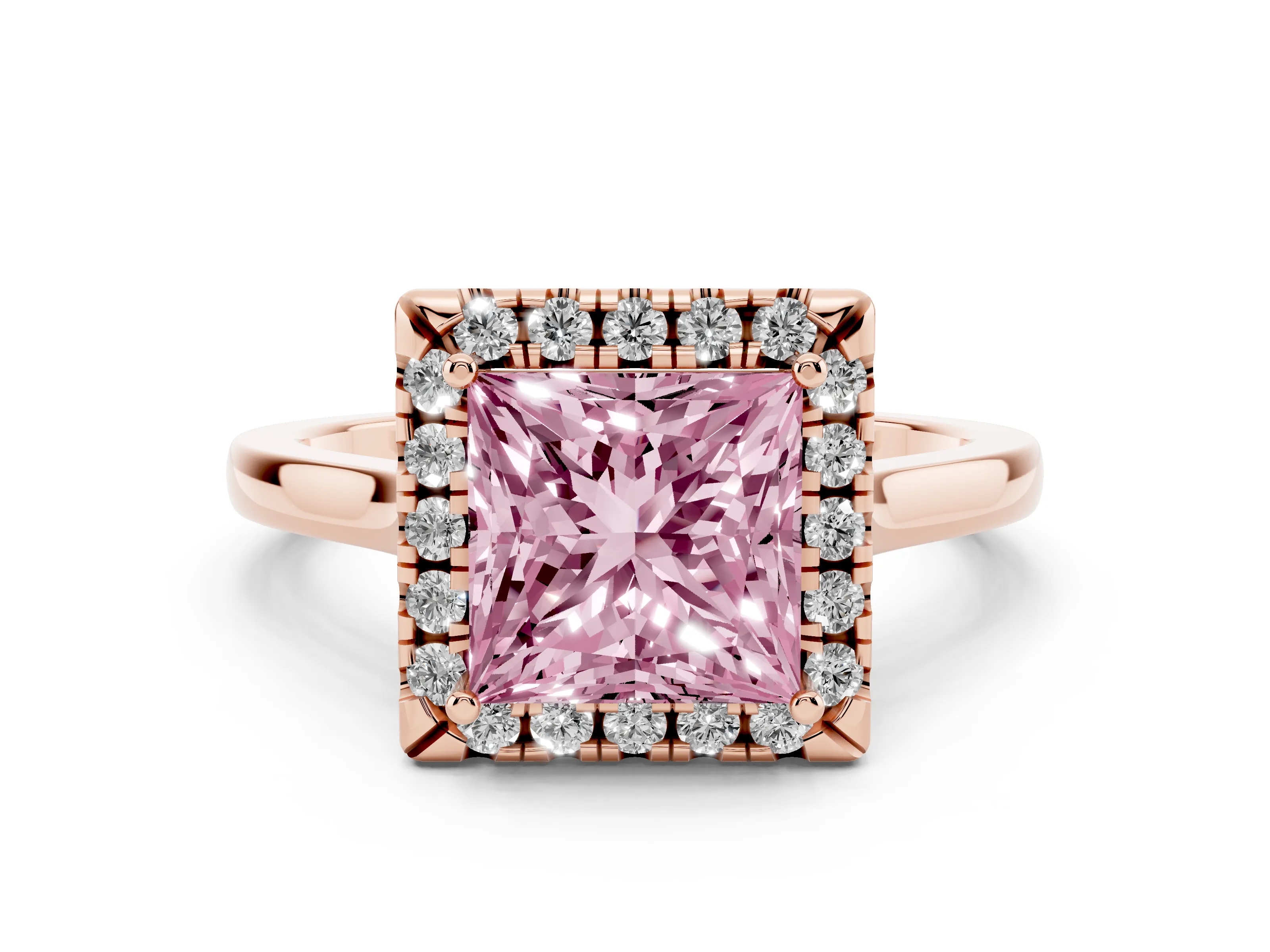 Fancy Pink Princess Cut Halo Round Diamond Solitaire Ring Set in Rose gold with Pavé Band and Prong Setting