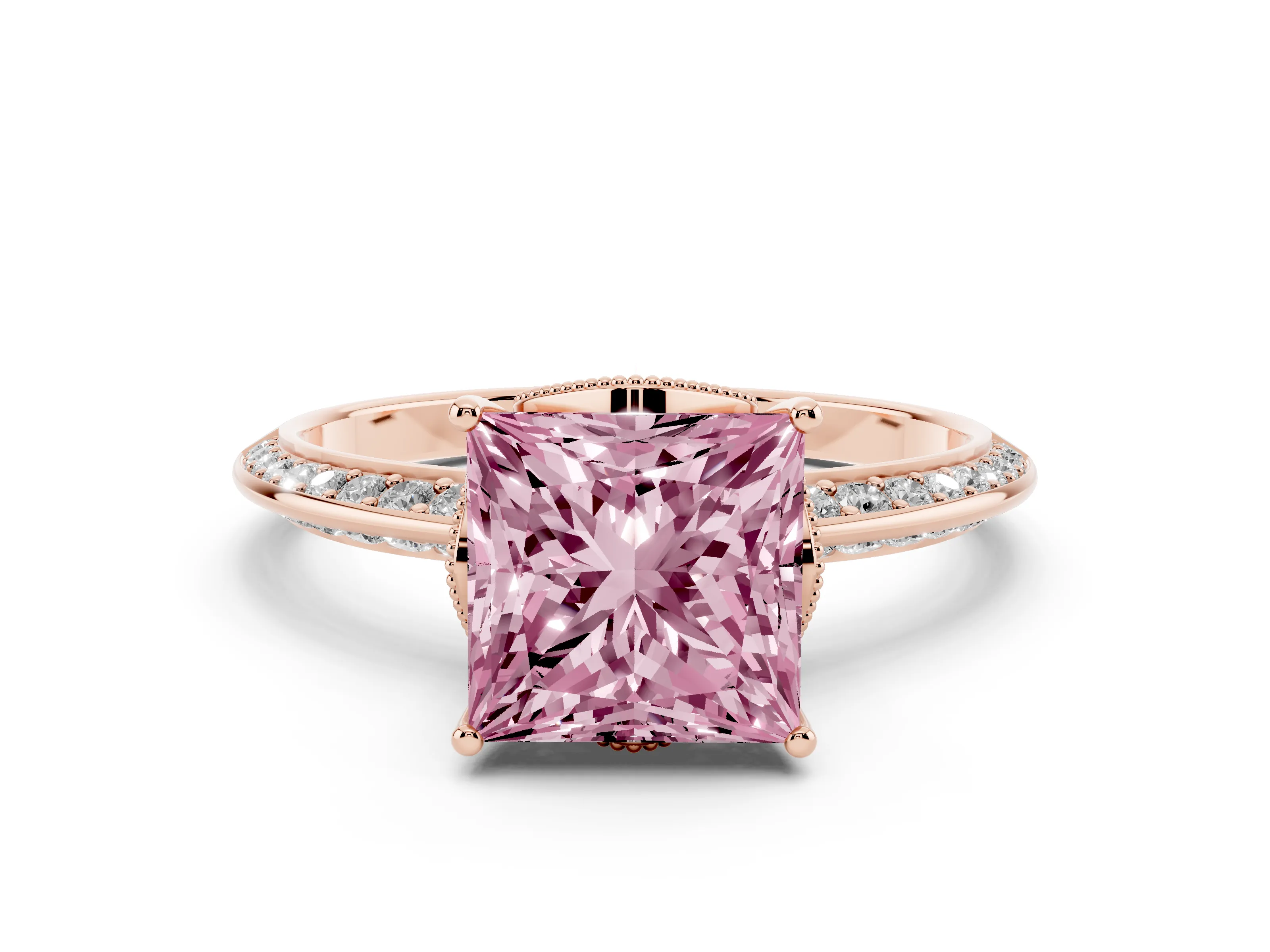 Fancy Pink Princess Cut Diamond Solitaire Engagement Ring Set in Rose gold with Pavé Split Shank and Prong Setting
