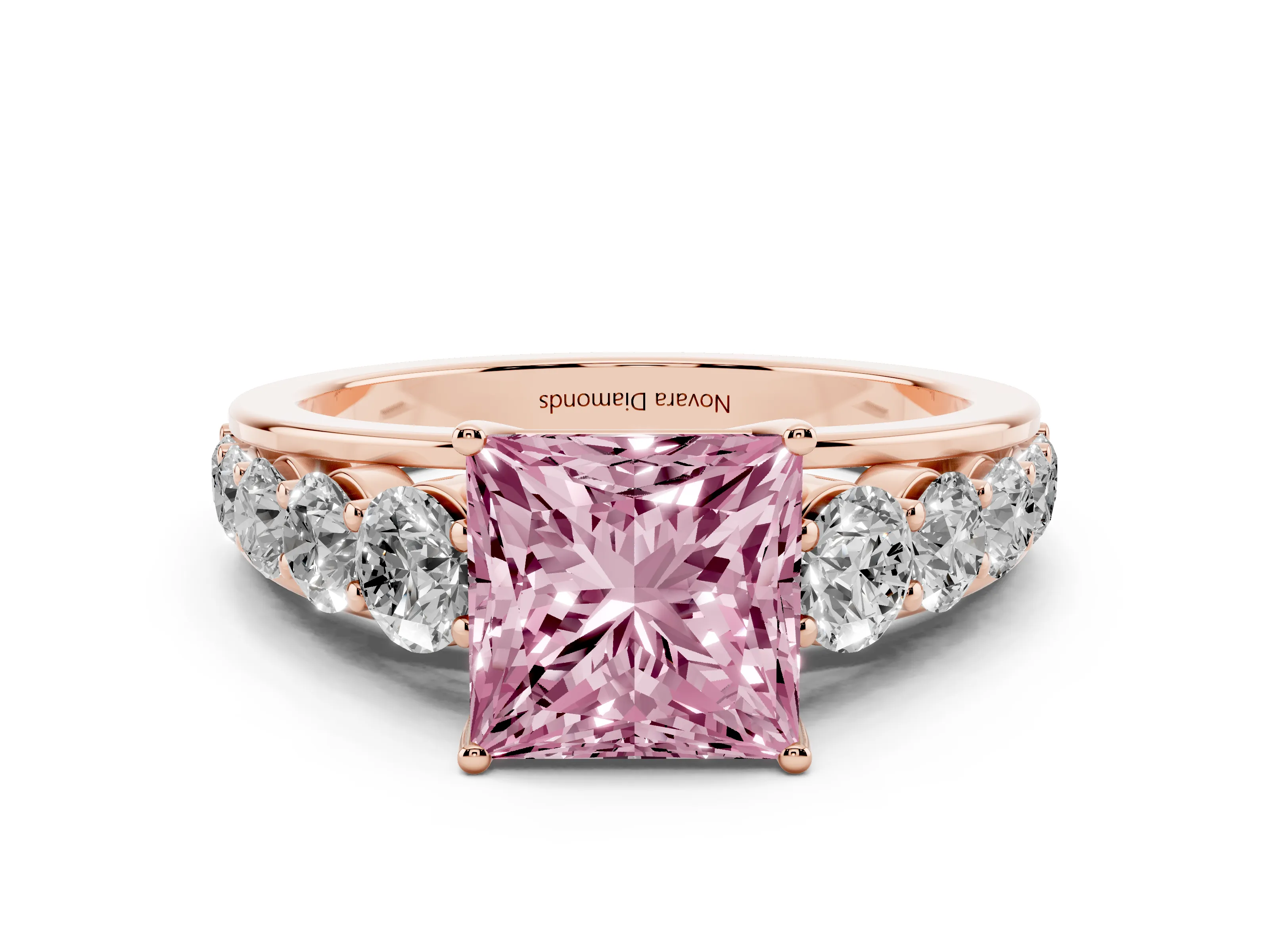 Fancy Pink Princess Cut Diamond Solitaire Ring Set in Rose gold with Pavé-Set Band and Prong Setting