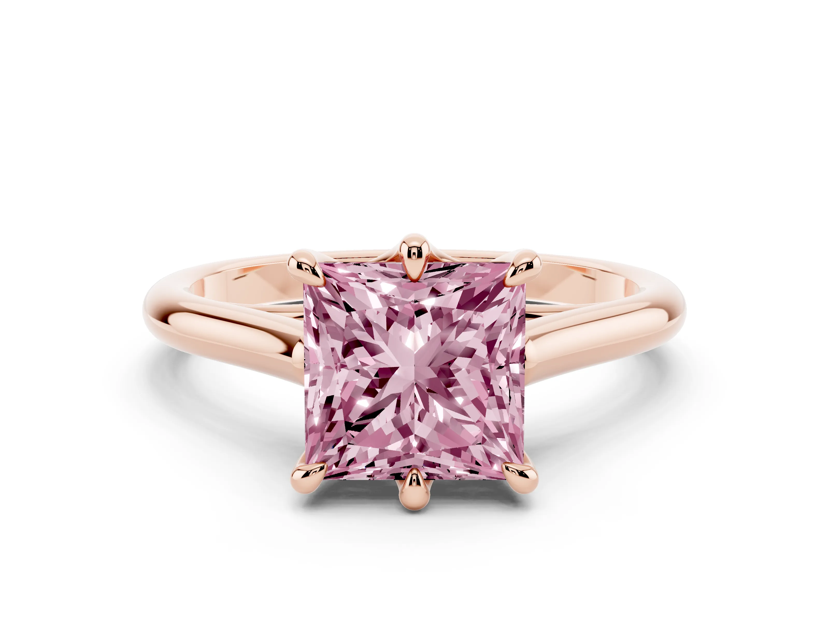 Fancy Pink Princess Cut Diamond Solitaire Engagement Ring Set in Rose gold with Prong Setting and Plain Classic Band