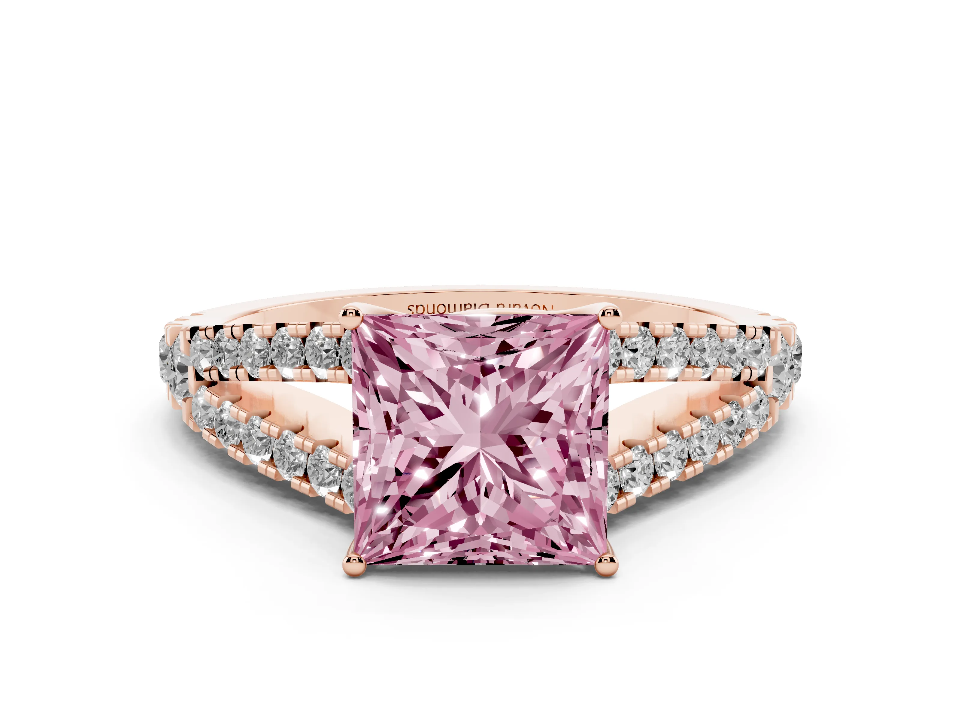 Fancy Pink Princess Cut Diamond Split Shank Pavé Engagement Ring Set in Rose gold with Prong-Held Center Stone