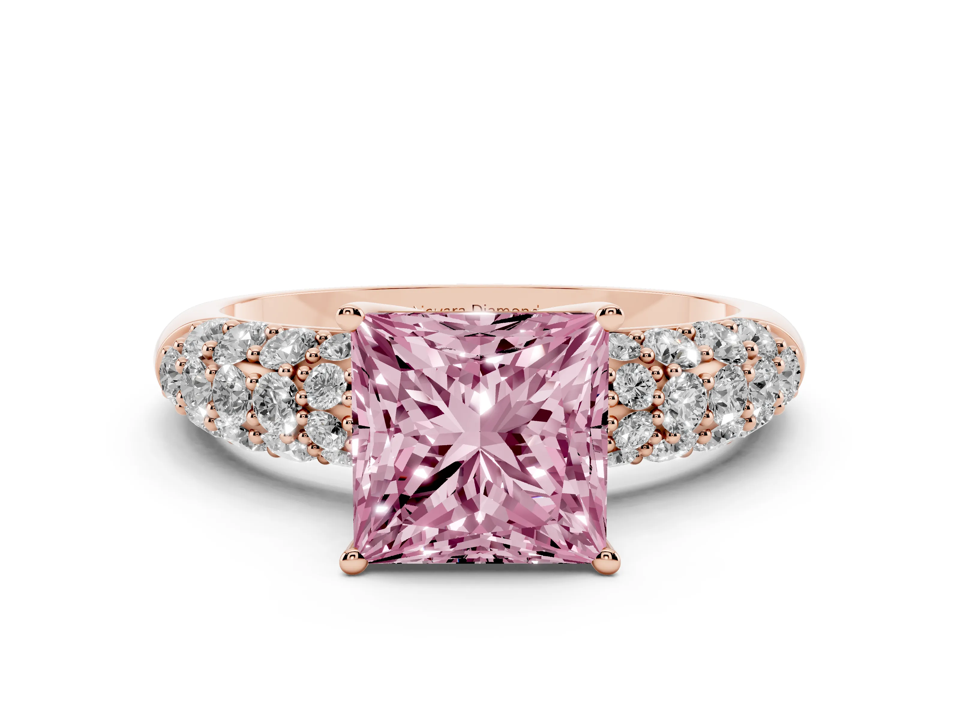 Fancy Pink Princess Cut Diamond Pavé Band Solitaire Ring Set in Rose gold with Close-Set Accent Stones and Prong Setting