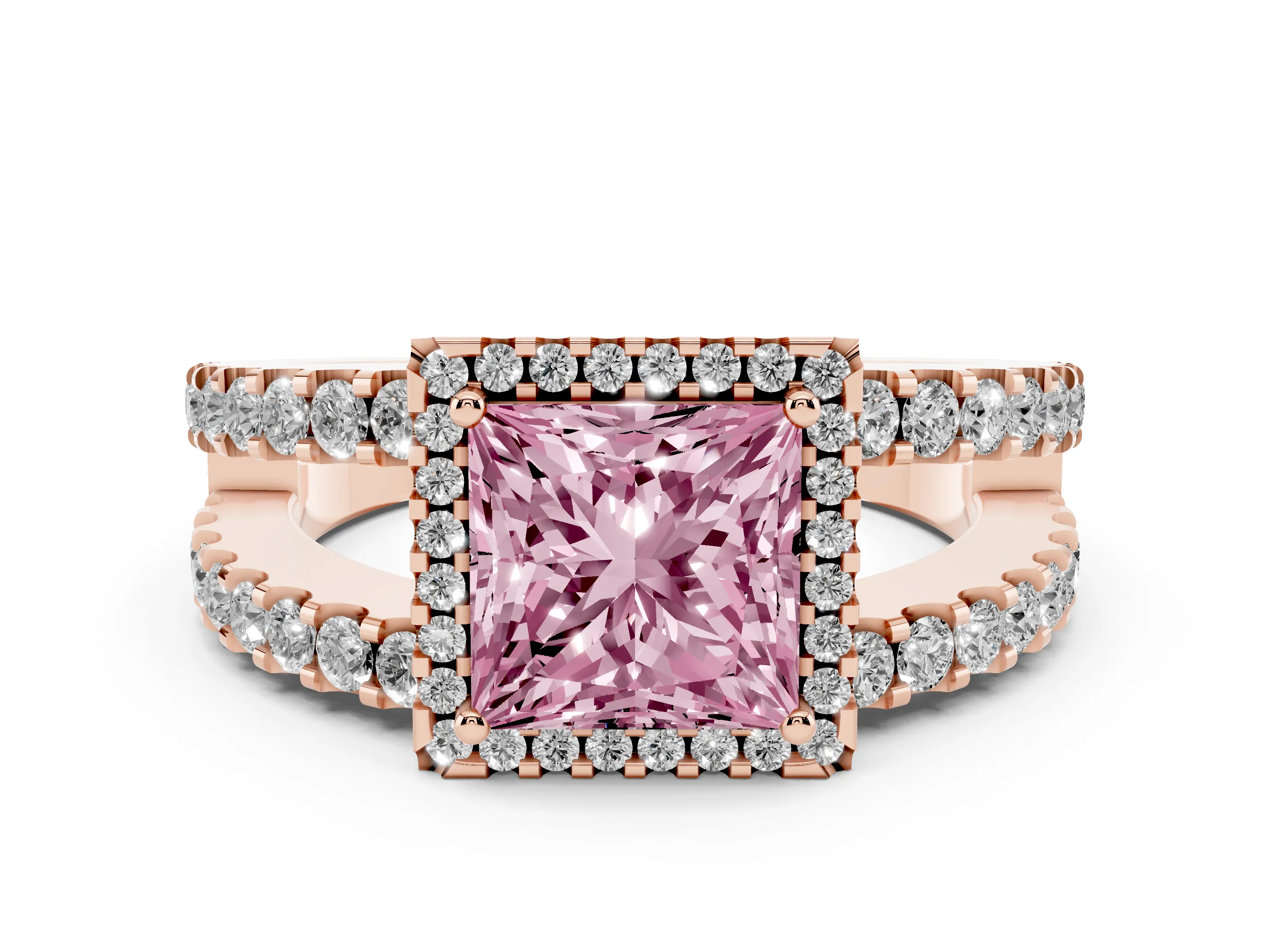 Fancy Pink Princess Cut Diamond Halo Ring Set in Rose gold with Pavé Split Shank and Prong Setting
