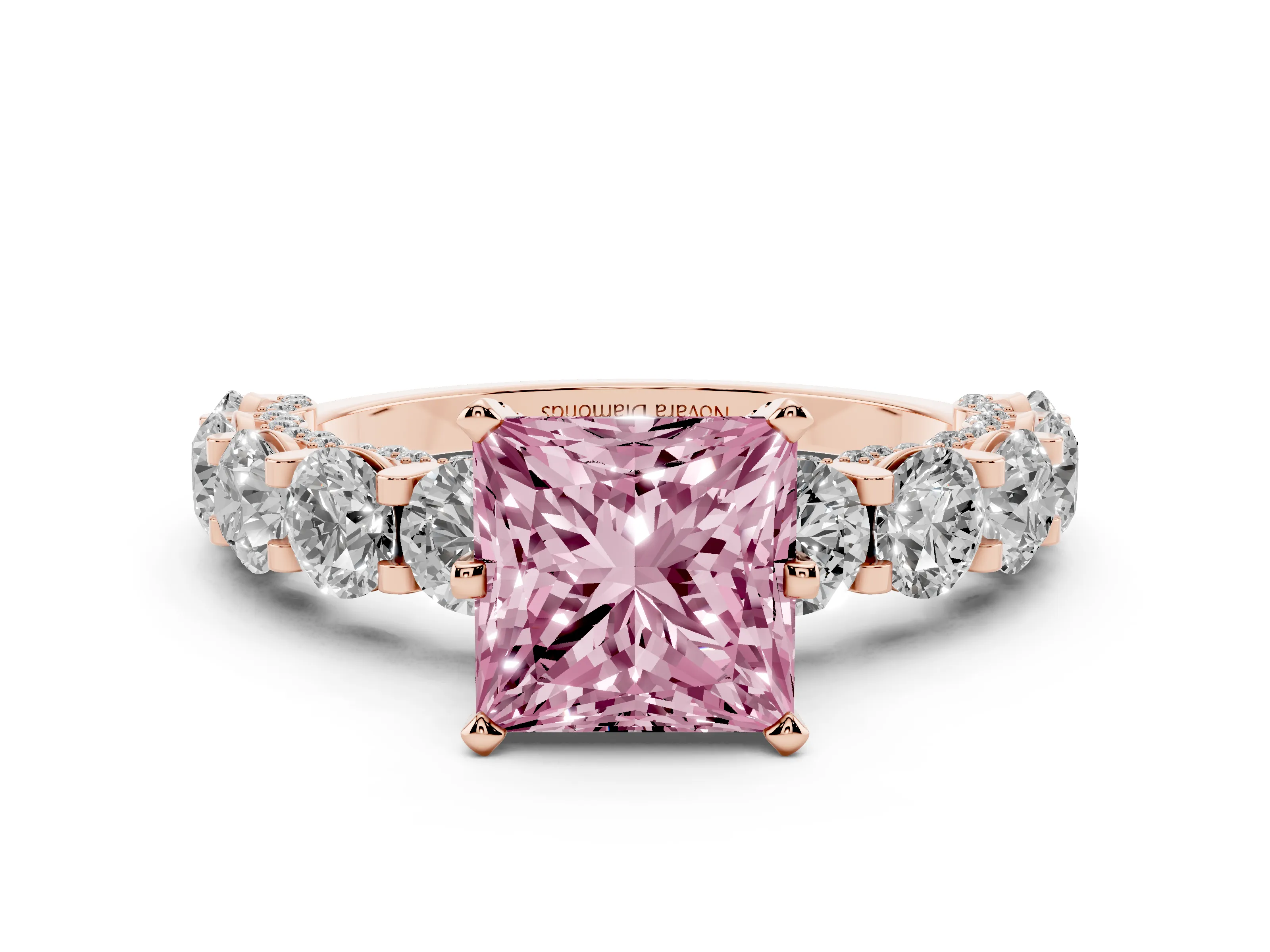 Fancy Pink Princess Cut Diamond Side Stone Ring Set in Rose gold with Alternating Round and Oval Side Stones