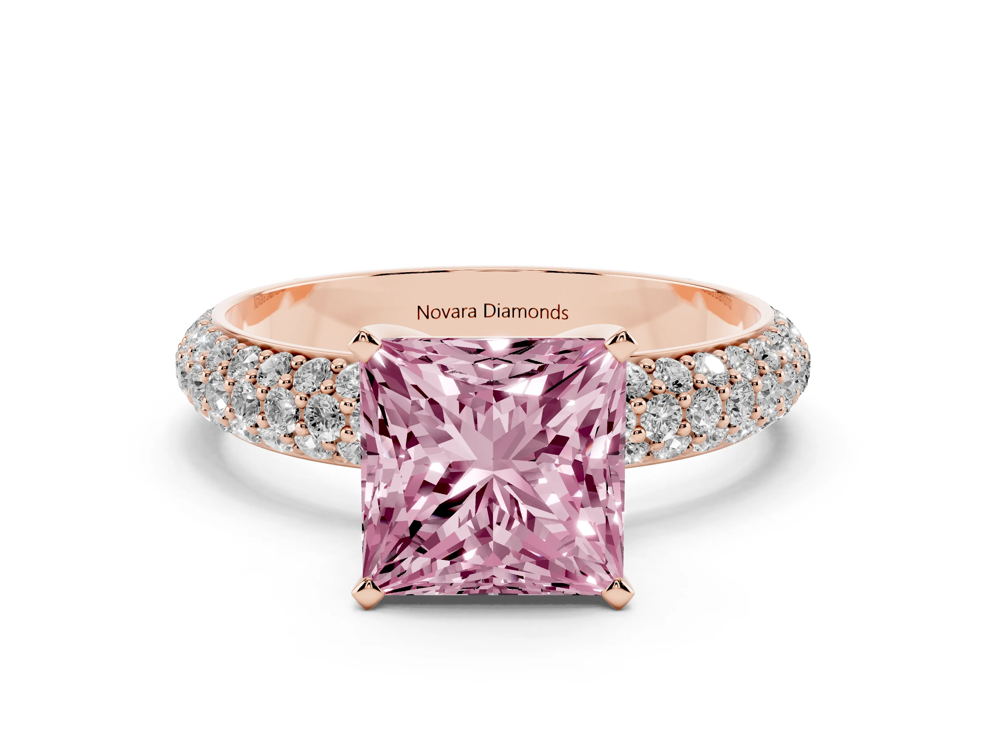 Fancy Pink Princess Cut Diamond Solitaire Ring Set in Rose gold with Prong Setting and Pavé-Set Band