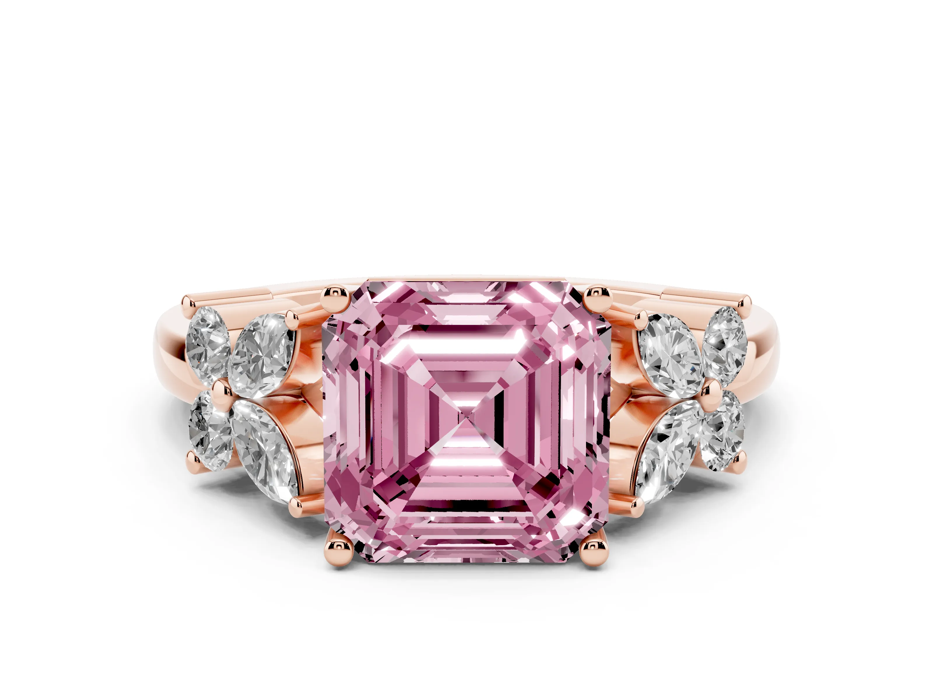 Fancy Pink Princess Cut Diamond Floral Cluster Ring Set in Rose gold with Marquise Petals and Prong Setting