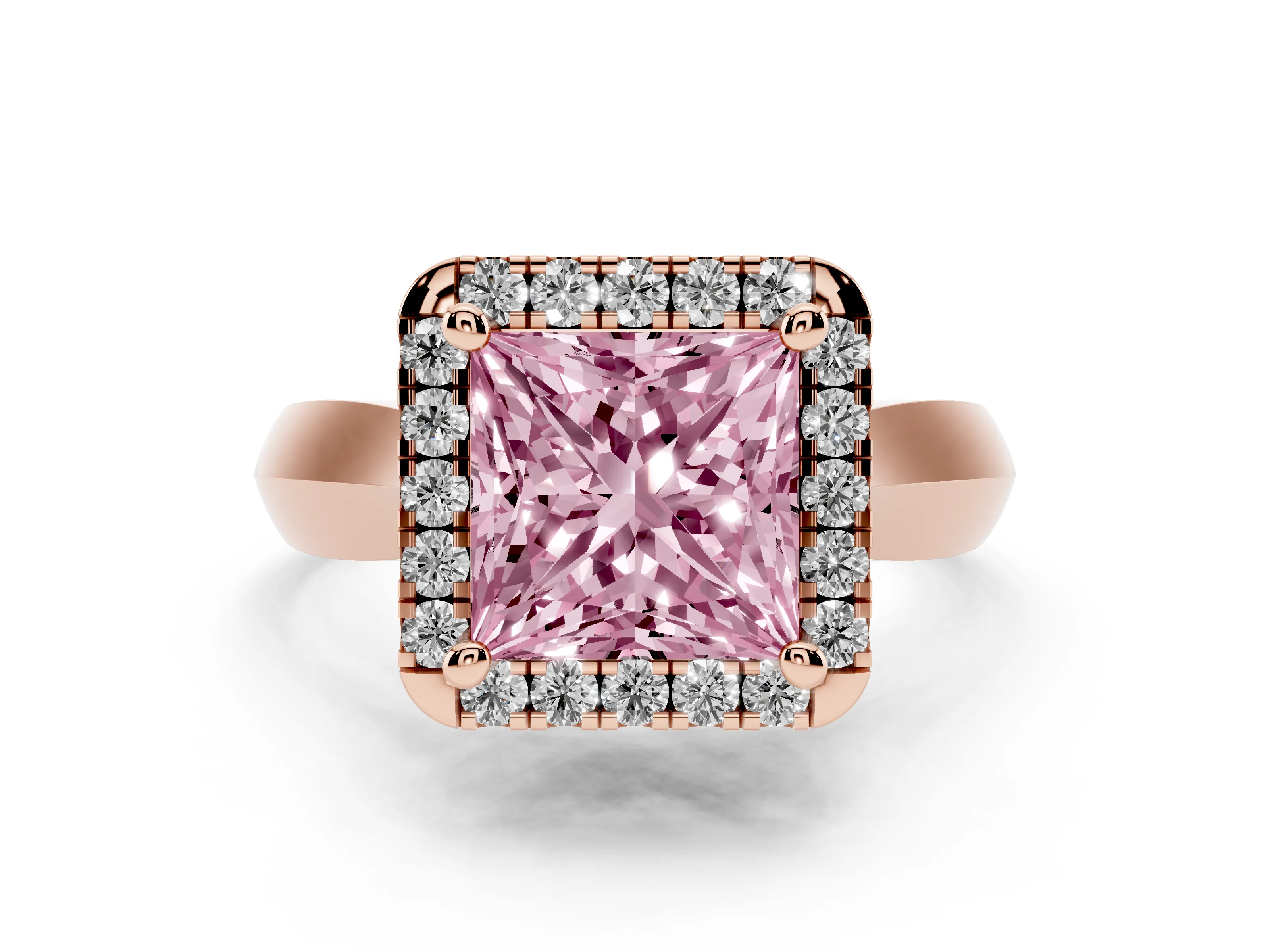 Fancy Pink Princess Cut Diamond Halo Solitaire Engagement Ring Set in Rose gold with Square Band and Prong Setting