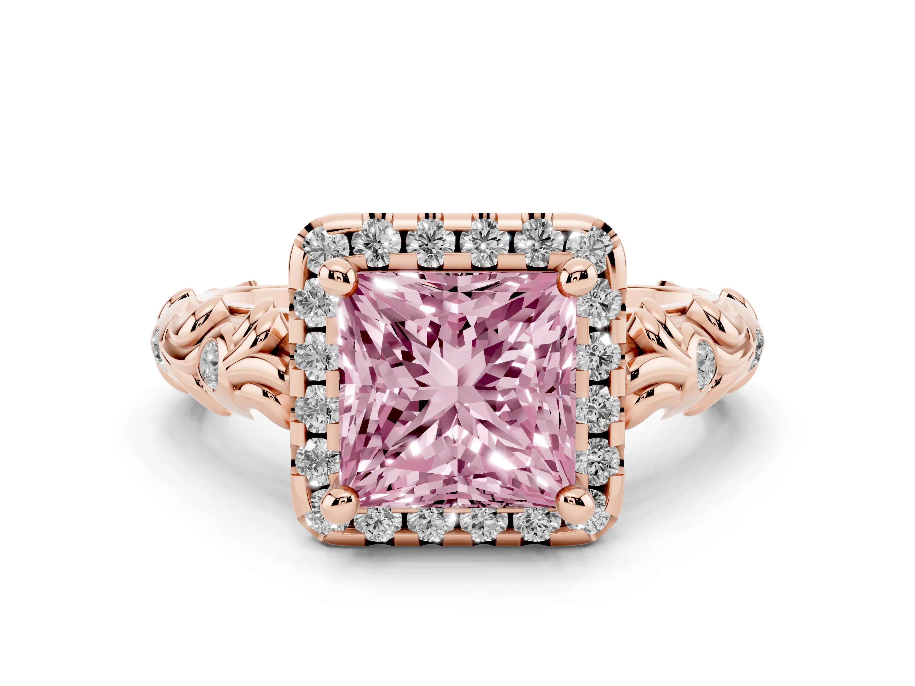 Fancy Pink Princess Cut Diamond Halo Ring Set in Rose gold with Filigree Leaf Band and Prong Setting
