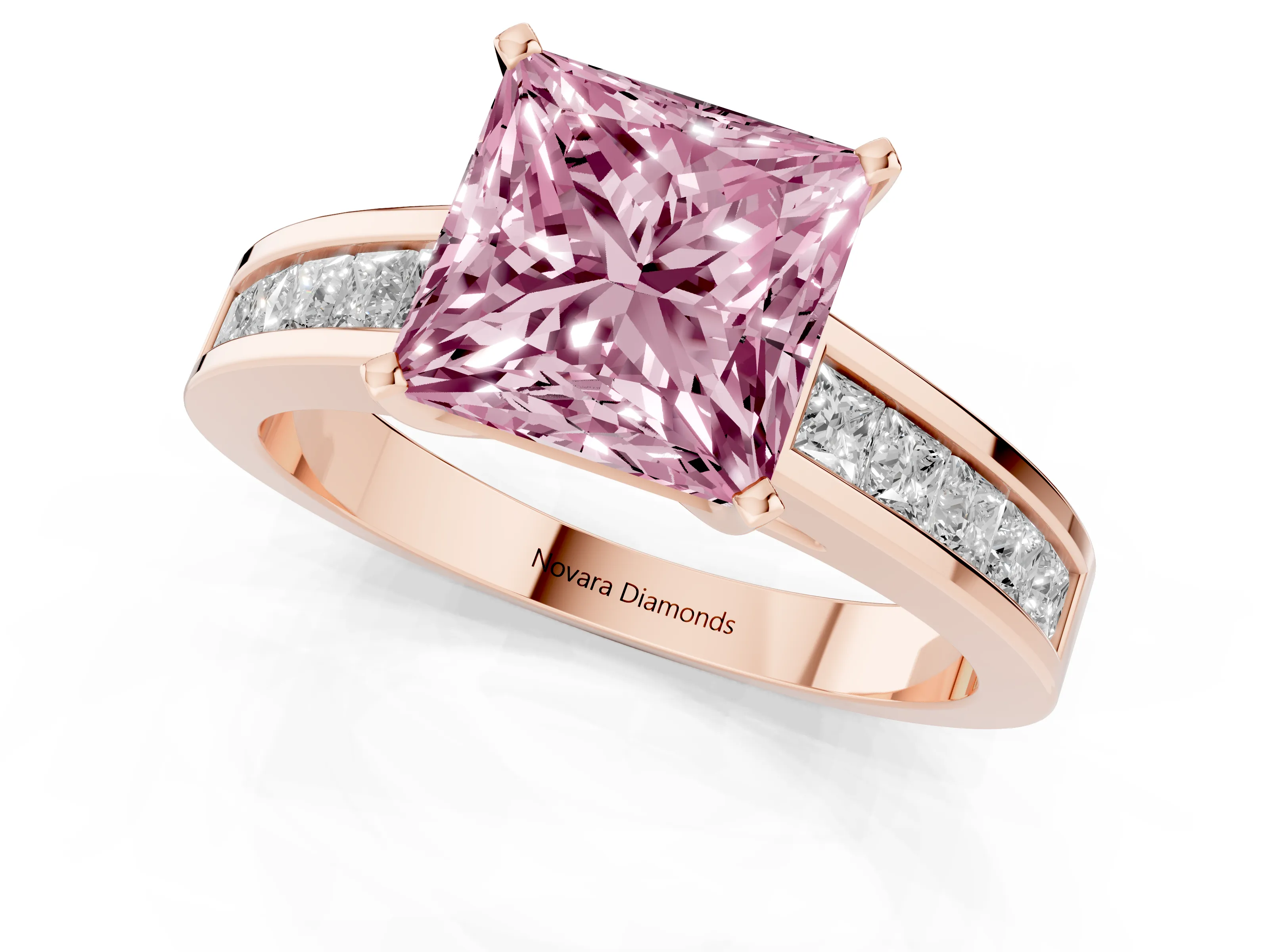 Fancy Pink Princess Cut Diamond Solitaire Ring Set in Rose gold with Channel-Set Band and Prong Setting