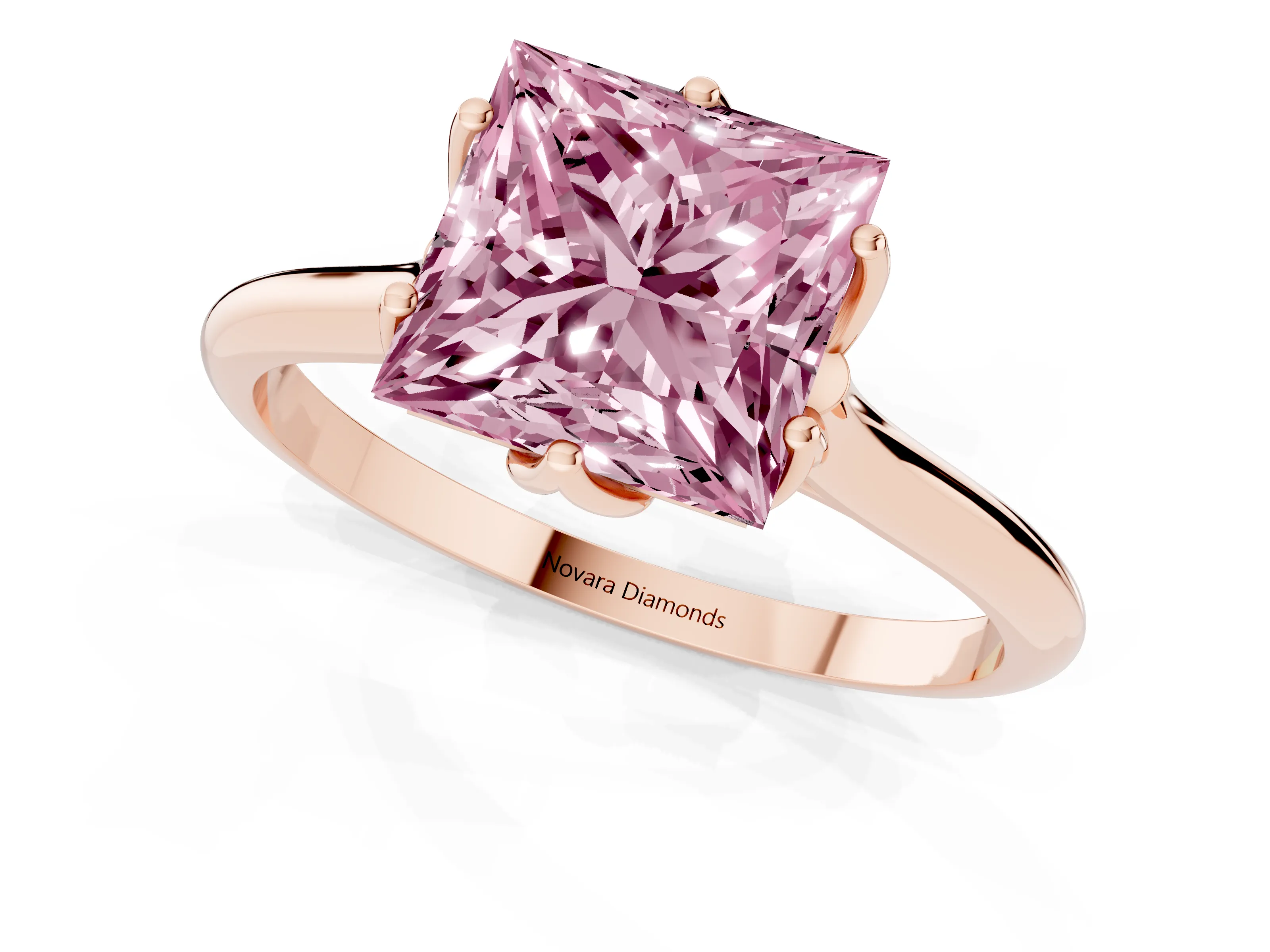 Fancy Pink Princess Cut Diamond Solitaire Cathedral Ring Set in Rose gold with Prong Setting