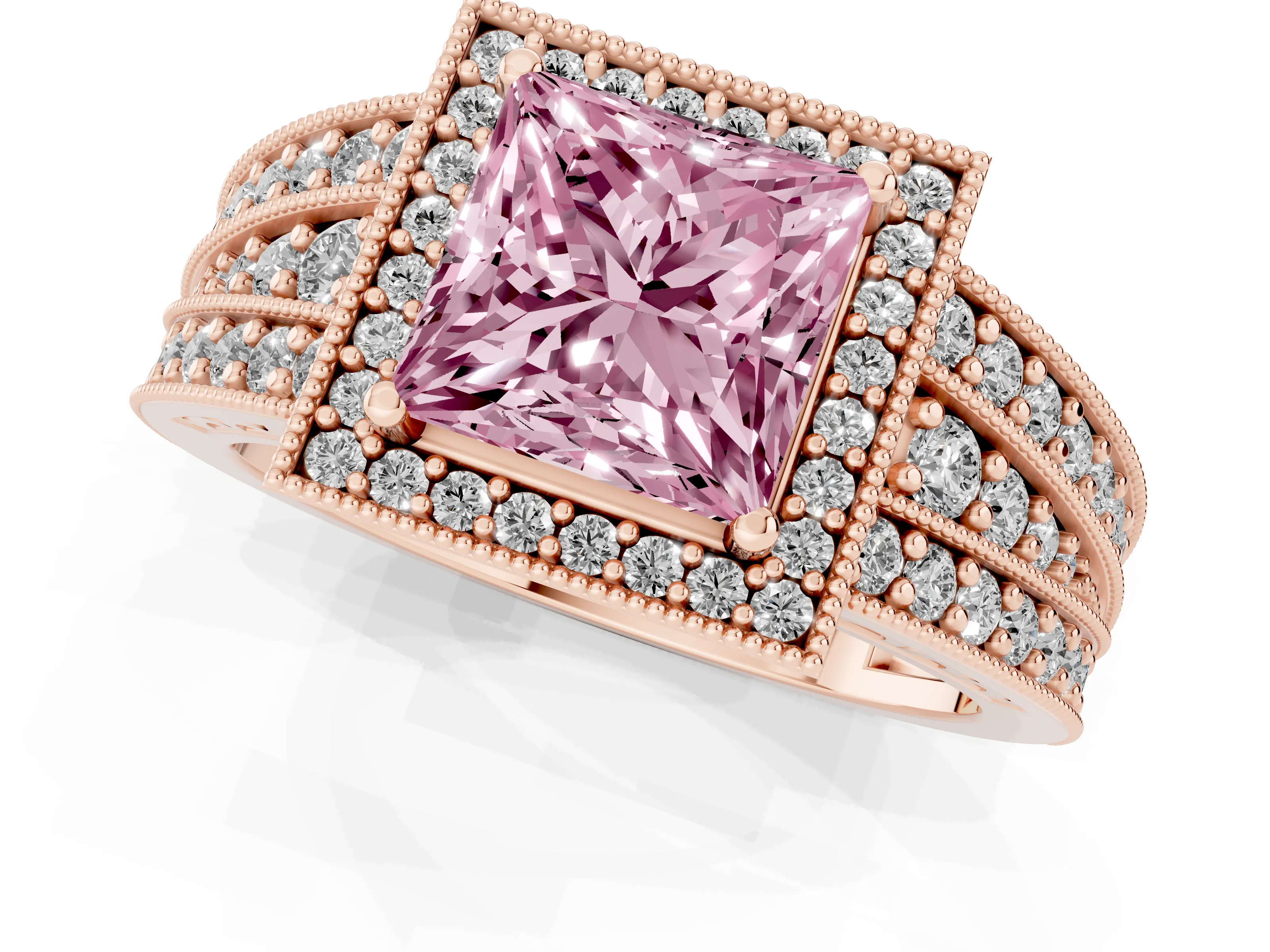 Fancy Pink Princess Cut Diamond Halo Ring Set in Rose gold with Accent Split Shank and Prong Setting